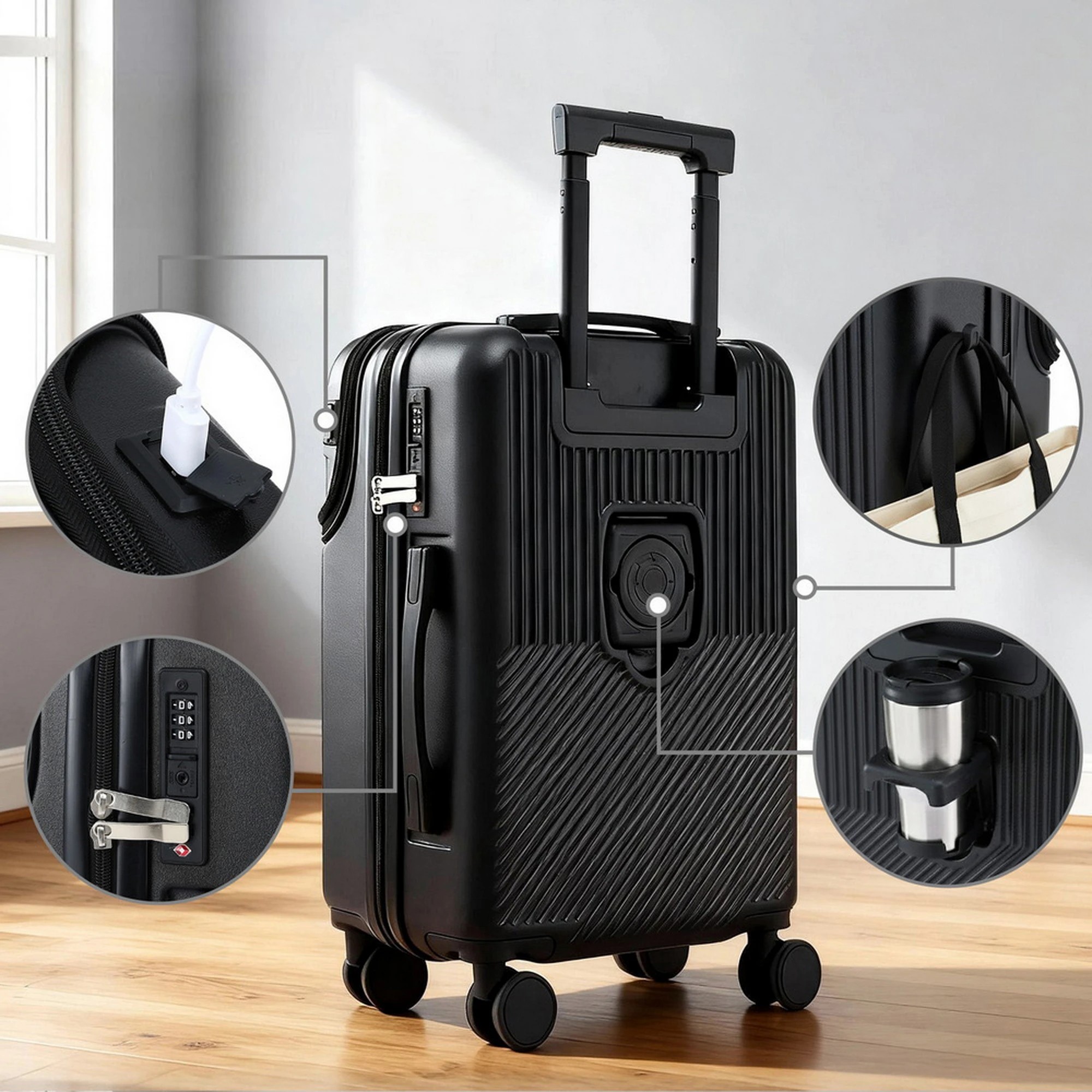 4 Wanderlite 20" Luggage Suitcase Front Pocket Travel Carry On TSA - Black, 4 of 8