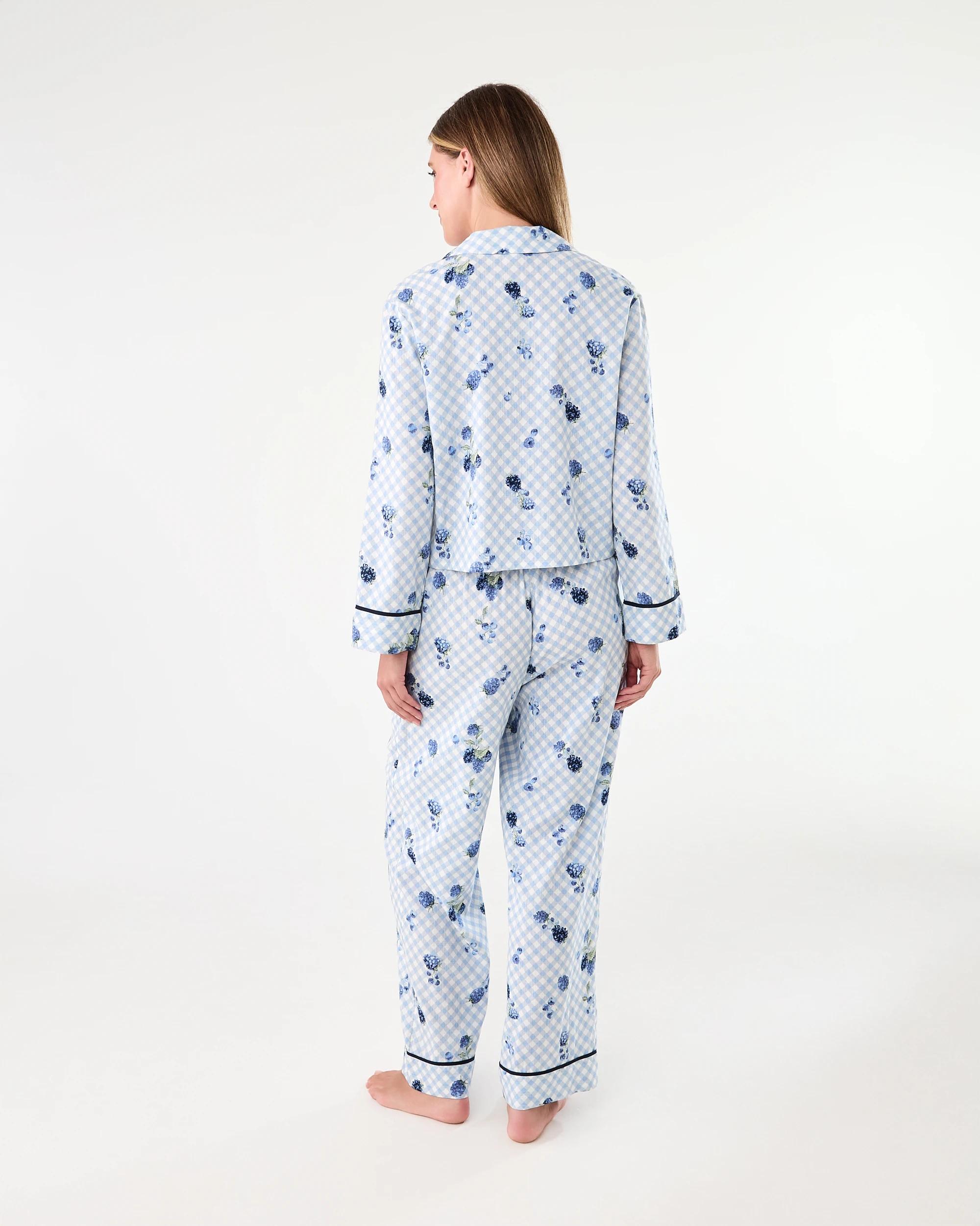3 Cotton Long Sleeve Tie Front and Pants Pyjama Set Blueberry, 3 of 7