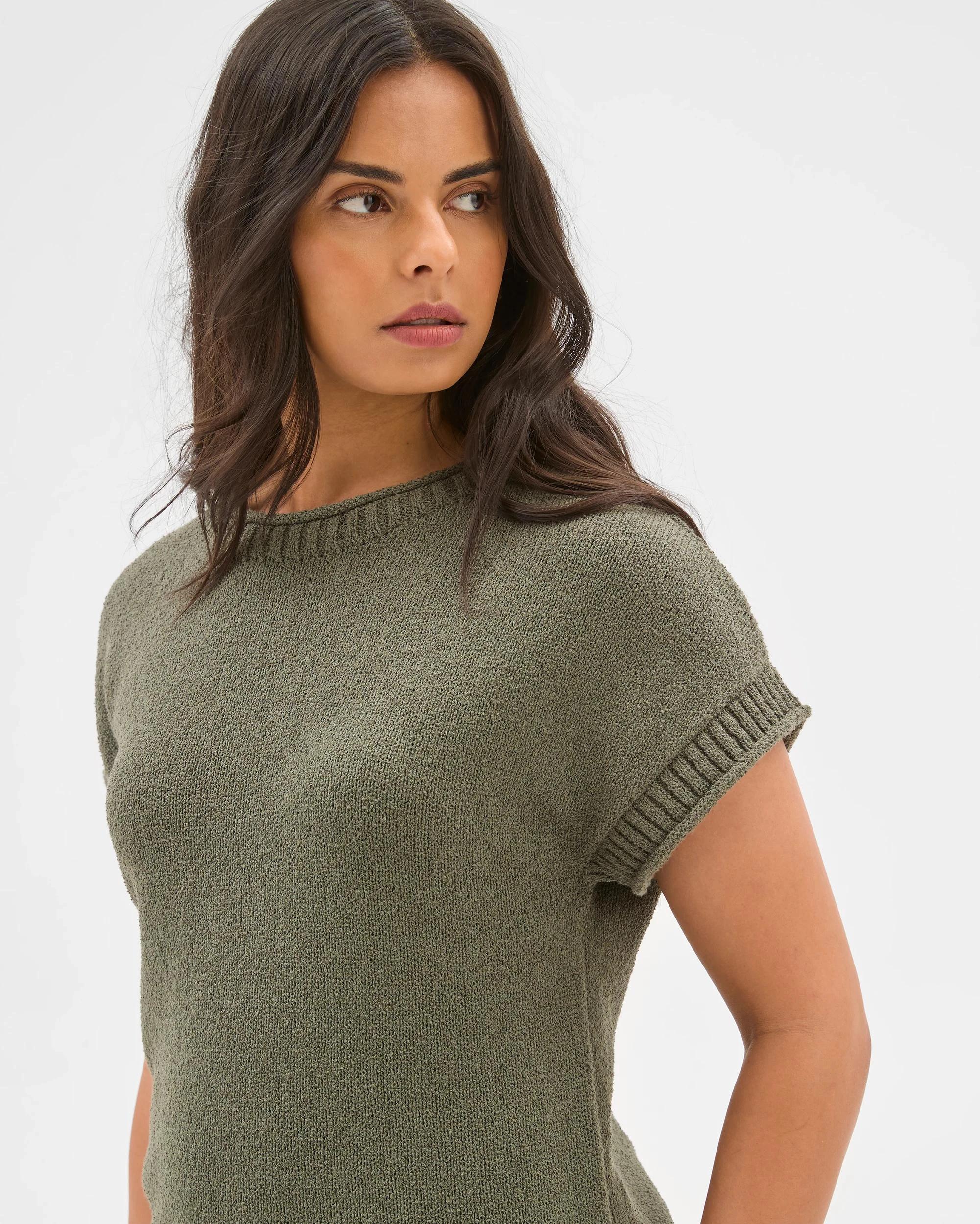 4 Target Australian Cotton Blend Boucle Roll Trim Knit Top DUSTY KHAKI, 4 of 6