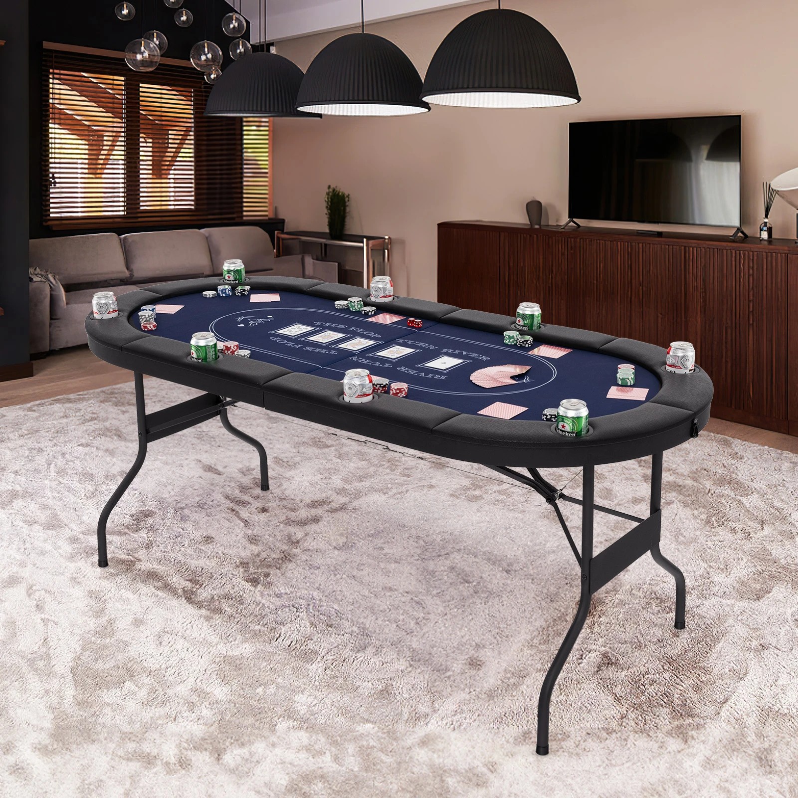2 Costway 8-Player Foldable Poker Table Card Table w/8 Cup Holders Game Table - Blue, 2 of 3