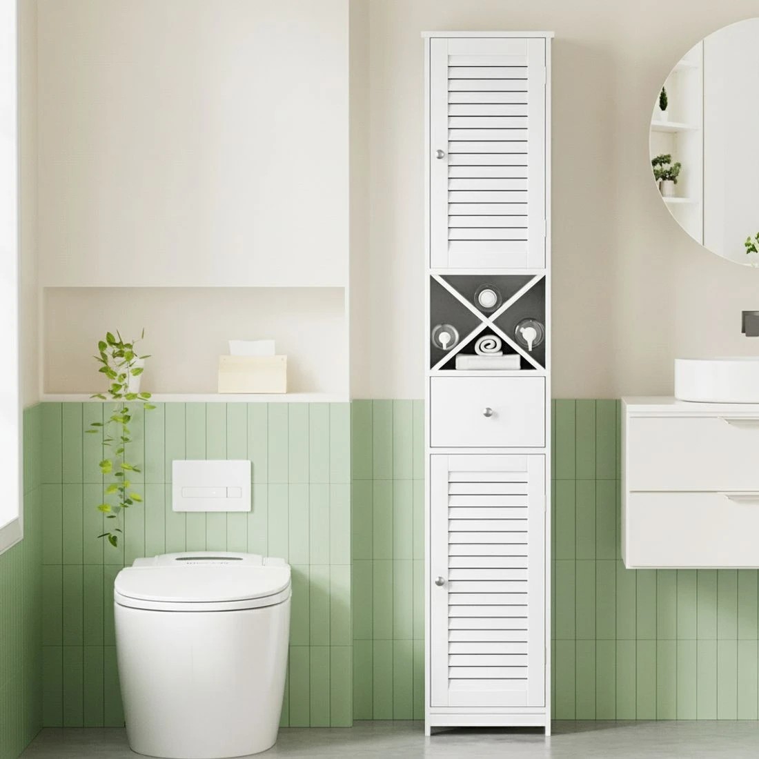 3 Artiss Bathroom Storage Cabinet 170cm Tall Slim Organiser Toilet Corner Adjustable Shelf Louver - White, 3 of 6