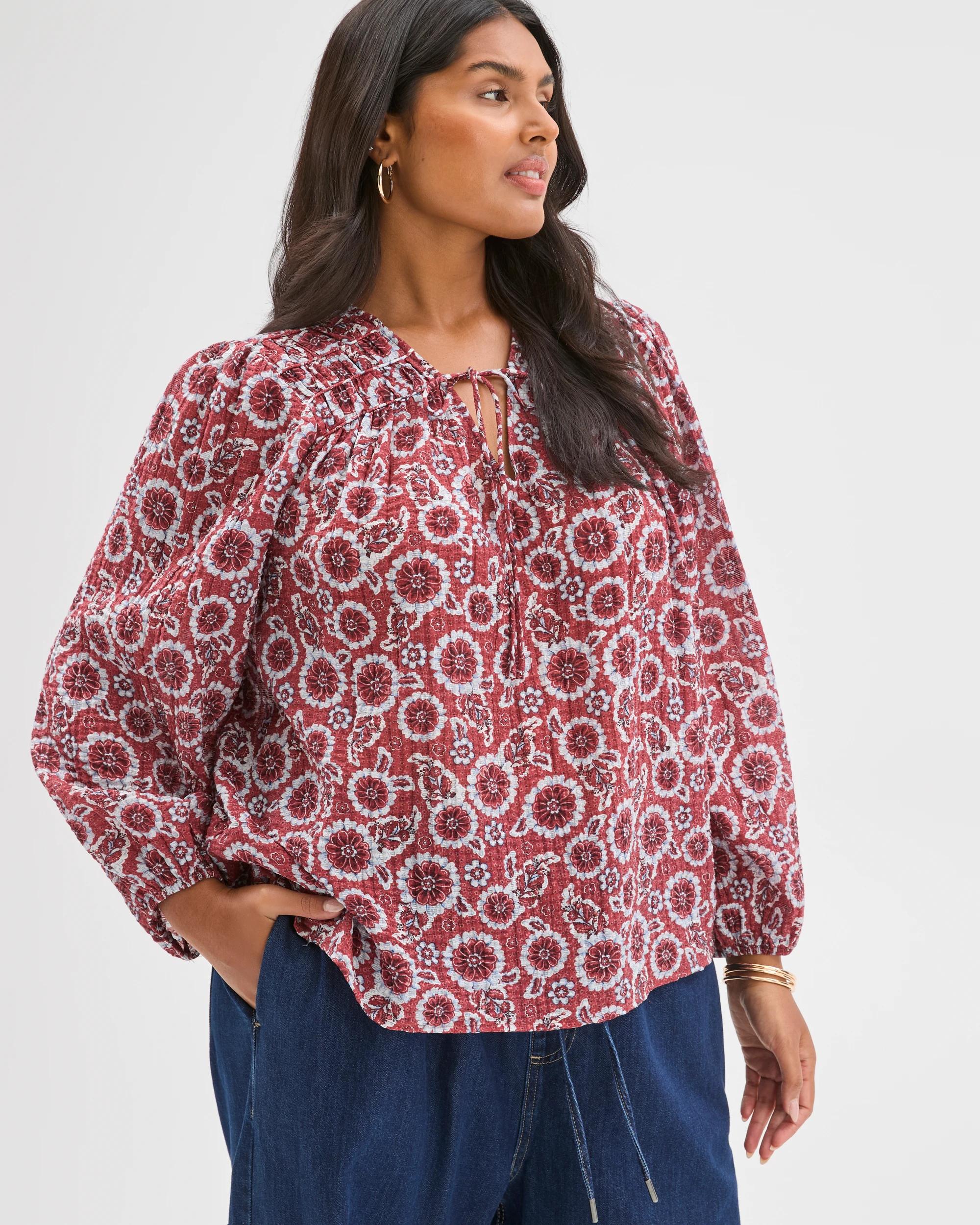 4 Target Curve Plus Size Long Sleeve Printed Gather Detail Blouse RED FLORAL, 4 of 6