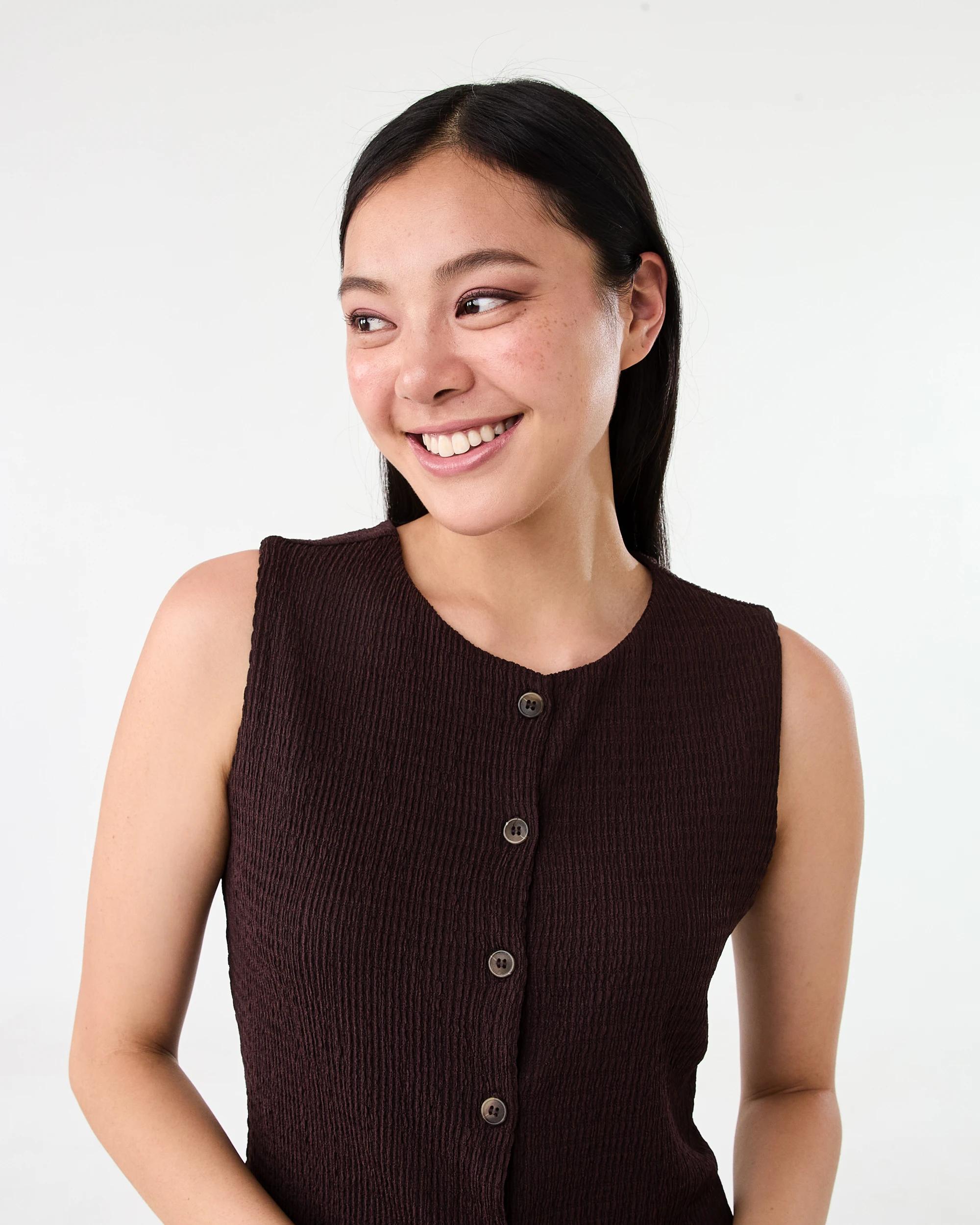 4 Sleeveless Textured Button Through Top Choc Plum, 4 of 6