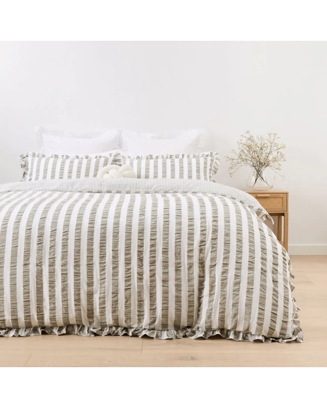 Ruffle Stripe Cotton Reversible Quilt Cover Set - Double Bed, Seag