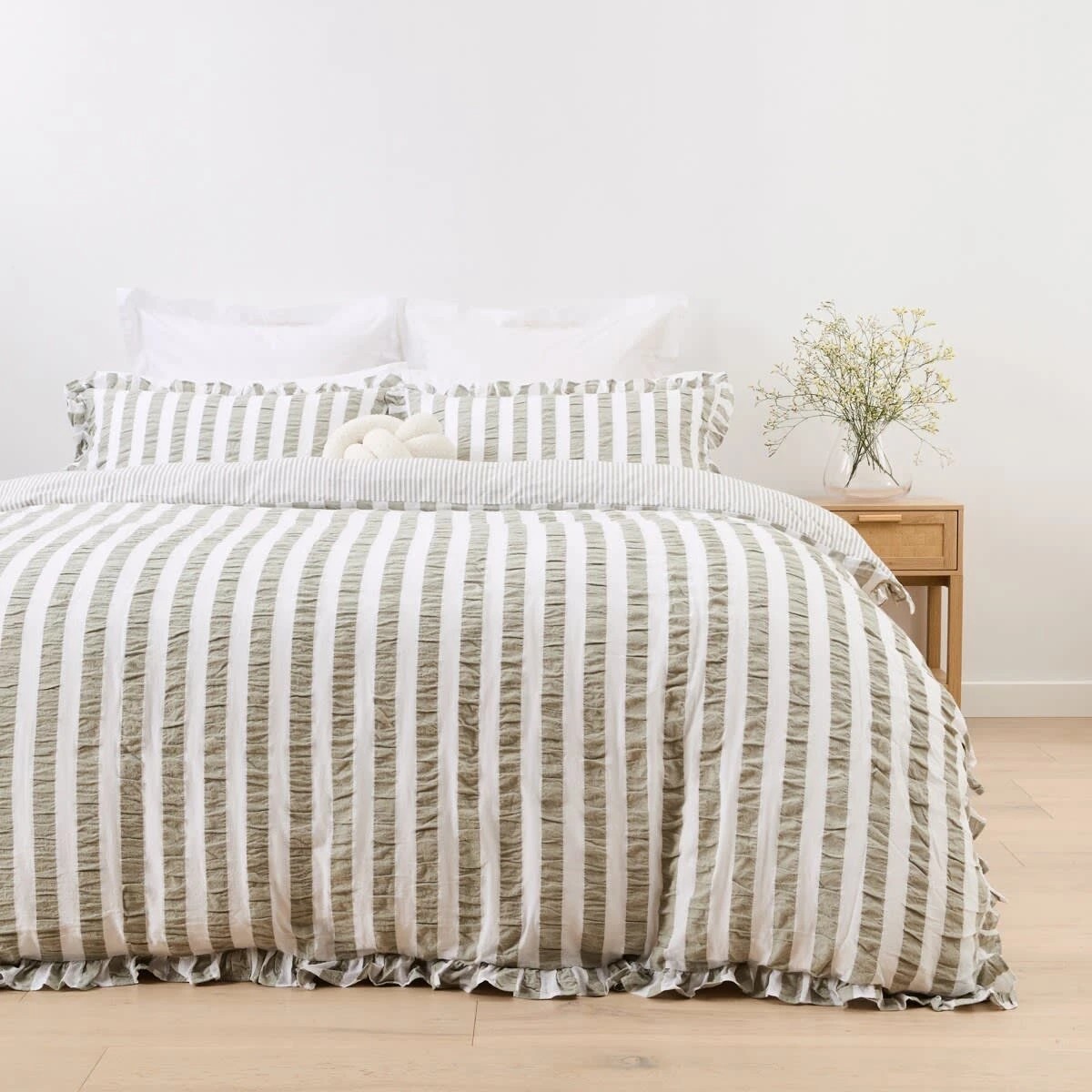 1 Ruffle Stripe Cotton Reversible Quilt Cover Set - Double Bed, Seagrass, 1 of 7