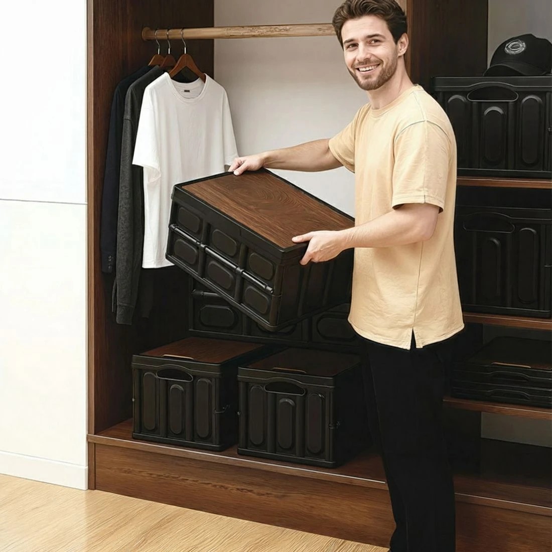 7 Gardeon Collapsible Outdoor Storage Box 50L Stackable Folding Camping Organizer Plywood Lid - Black, 7 of 7