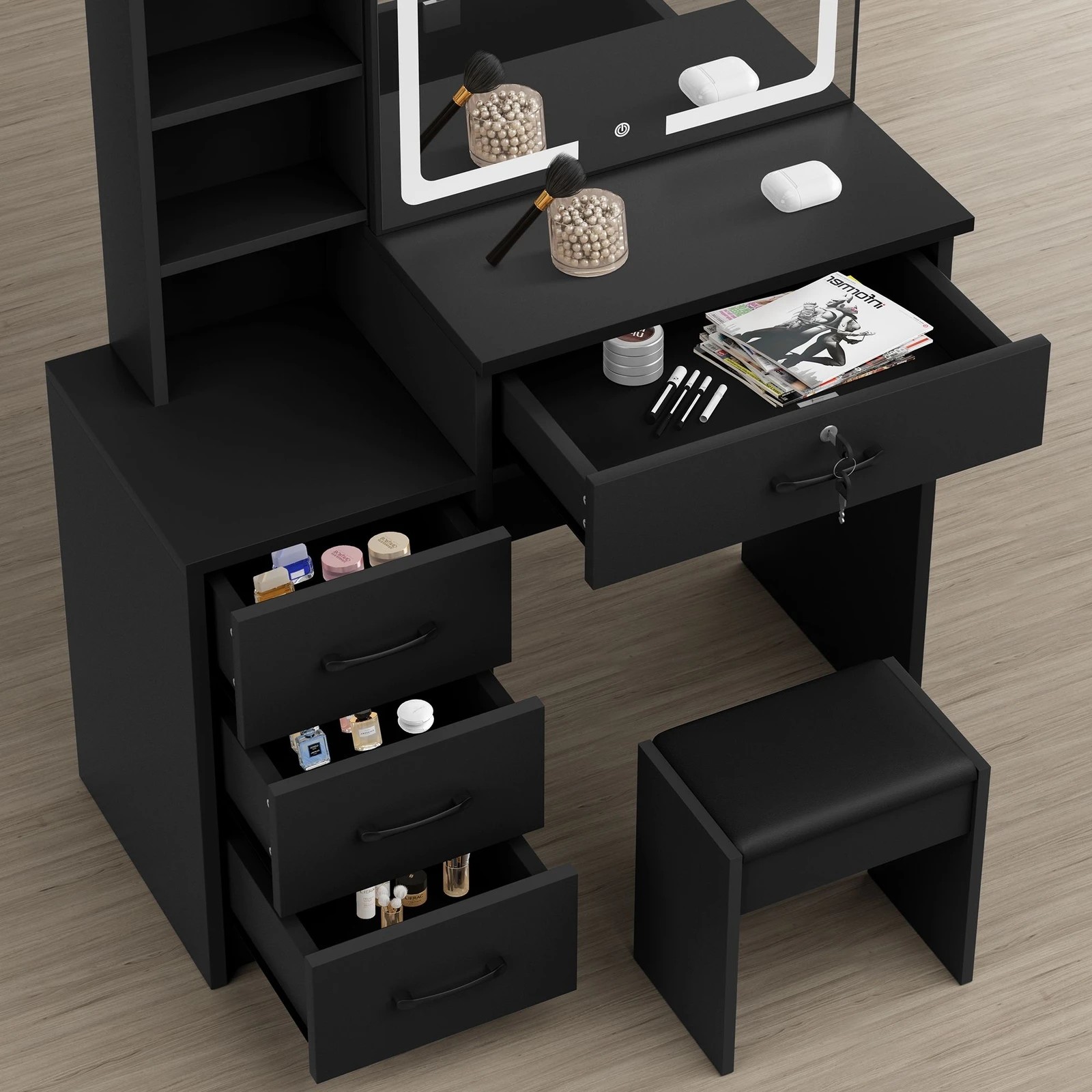 4 Alfordson Dressing Table Stool Set Makeup Mirror Vanity Desk Drawers - Black, 4 of 10