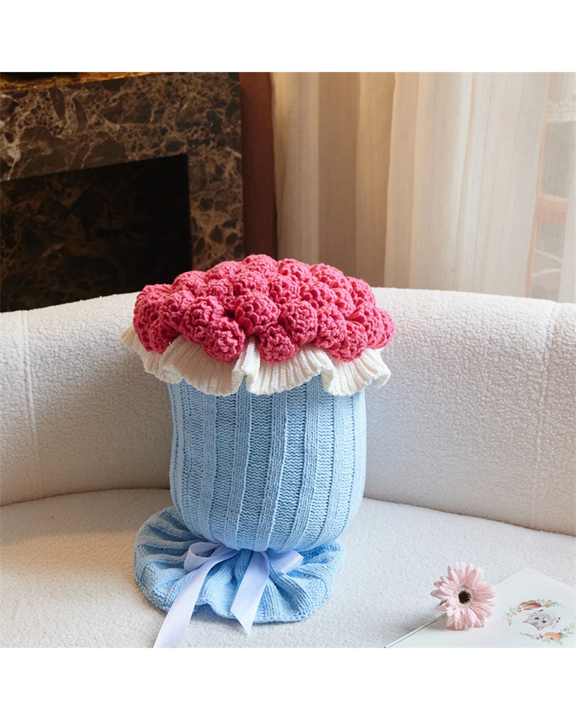 2 Cotton More Knitted Flower Hug Pillow Stuffed 22x60cm Hot - Pink, 2 of 2