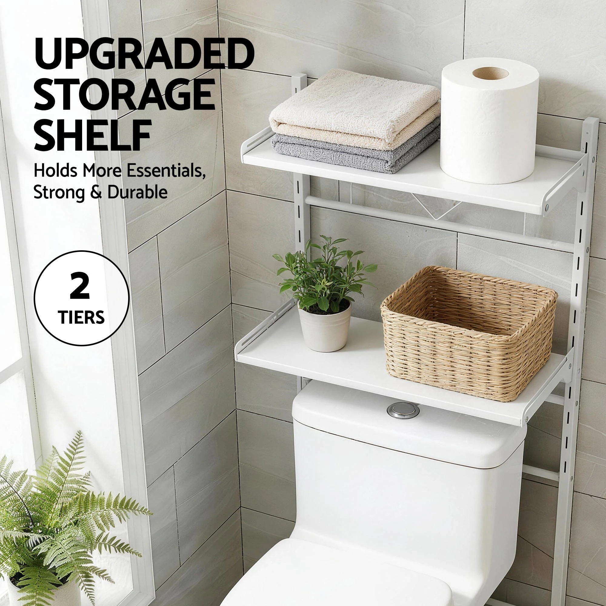 6 Artiss Over Toilet Bathroom Storage Shelf Rack Over Toilet 2 Tier - White, 6 of 8