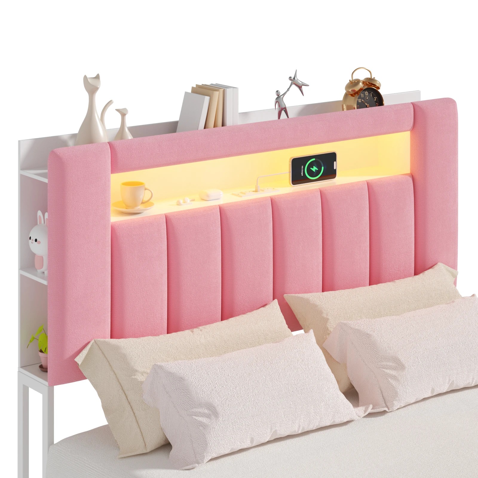 5 Advwin Double Bed Frame with LED Shelves Charging Station - Pink, 5 of 8