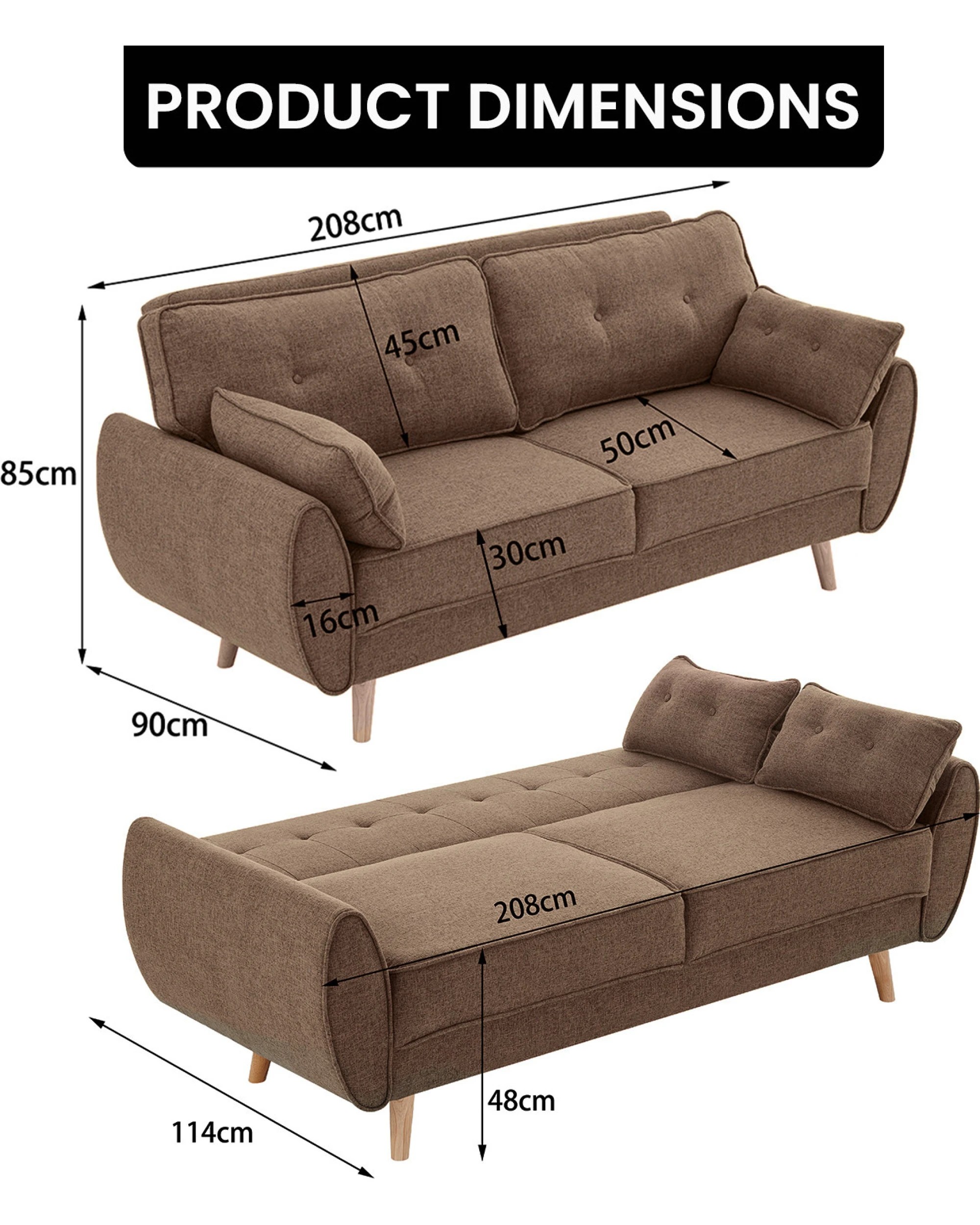 2 Sarantino 3 Seater Modular Linen Fabric Sofa Bed Couch Futon - Brown, 2 of 10