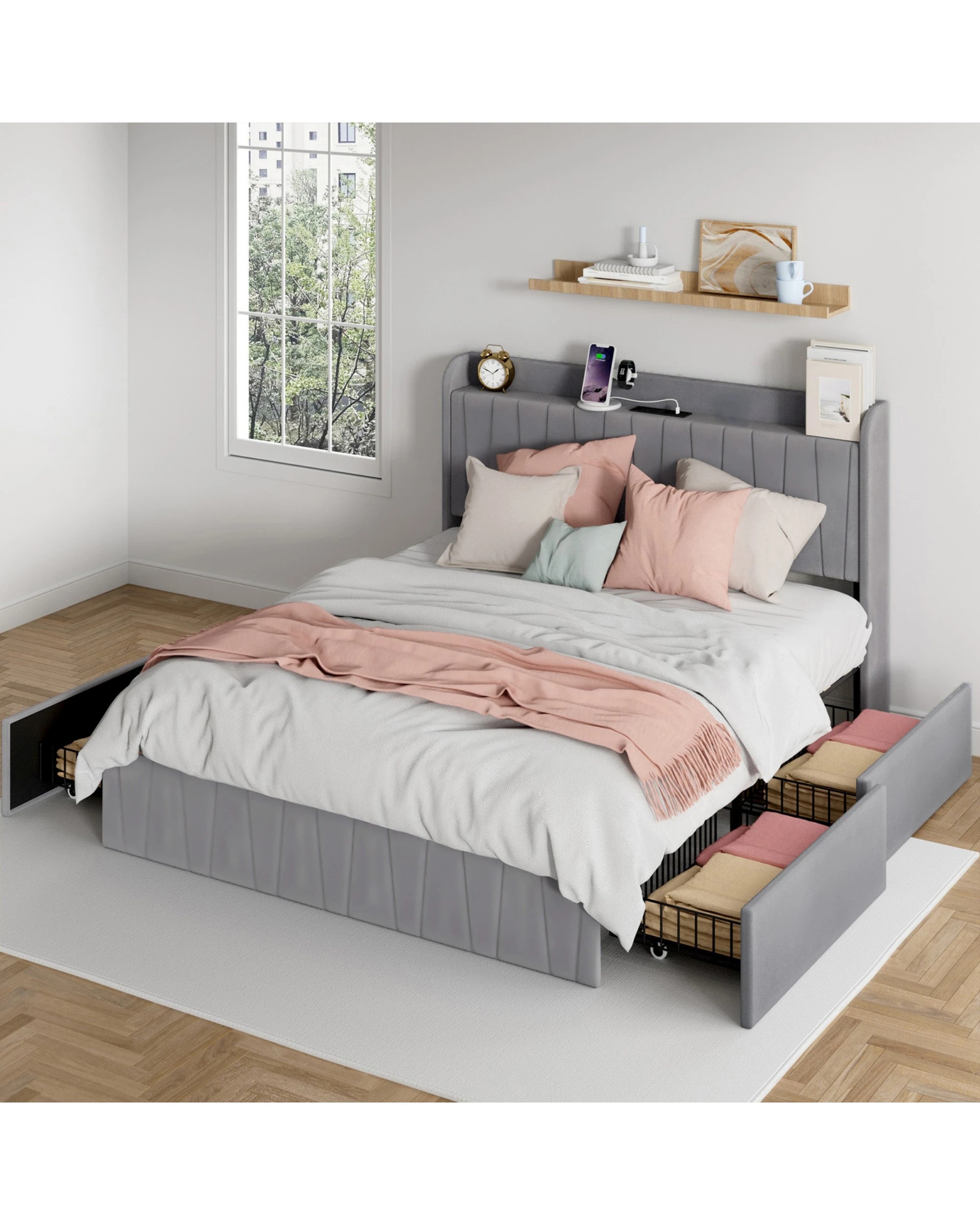 7 Advwin Bed Frame Double Size with 4 Storage Drawers & Charging Station - Grey, 7 of 7