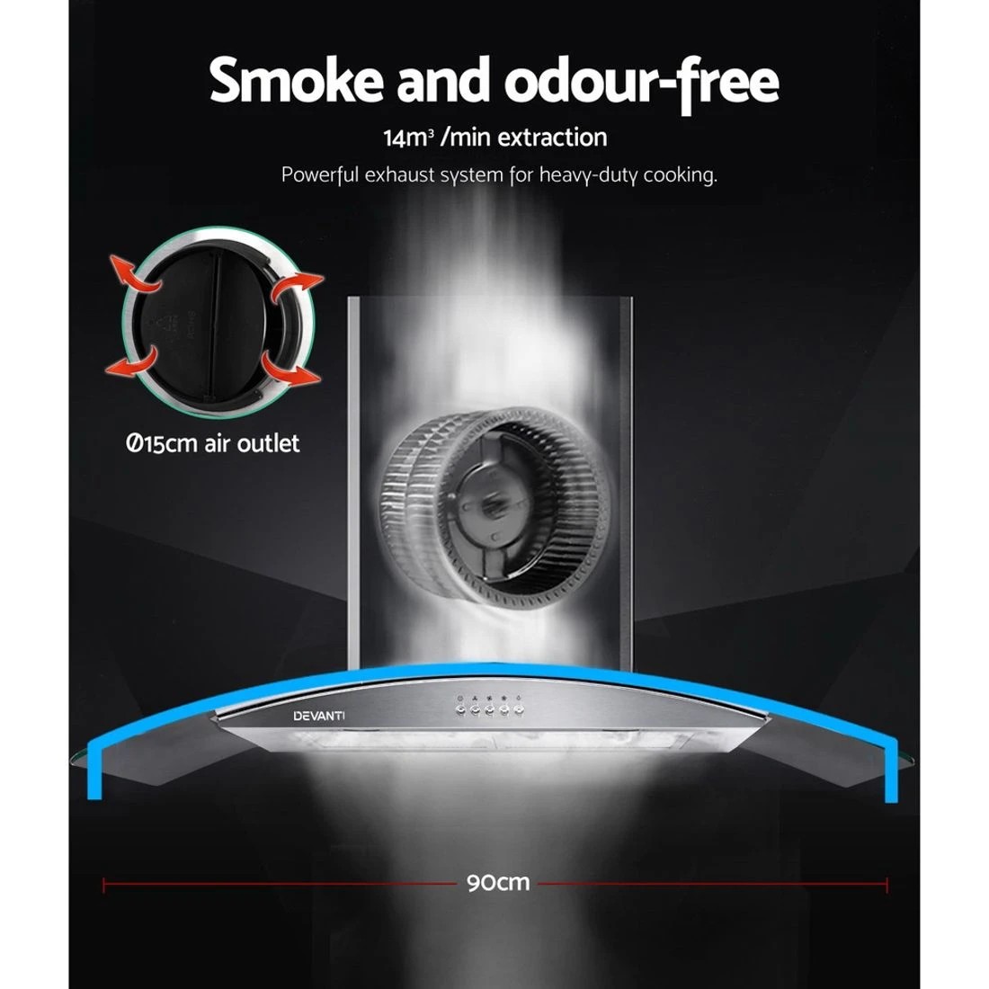 3 Devanti 900mm Range Hood 90cm Rangehood Glass Canopy - Silver, 3 of 7