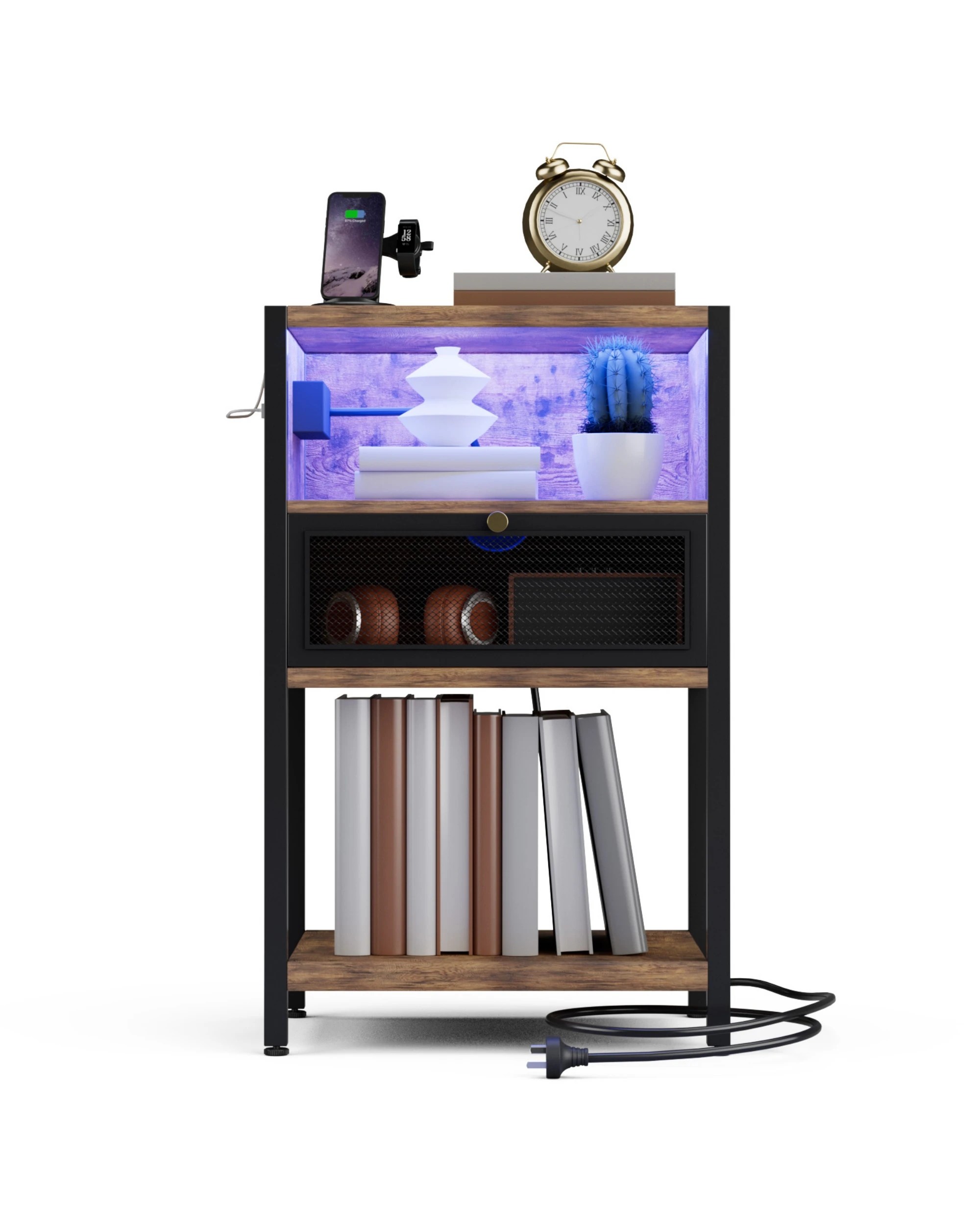 4 Advwin 2x LED Bedside Table with Charging Station Metal Mesh Drawer Nightstand Side Table - Brown, 4 of 9