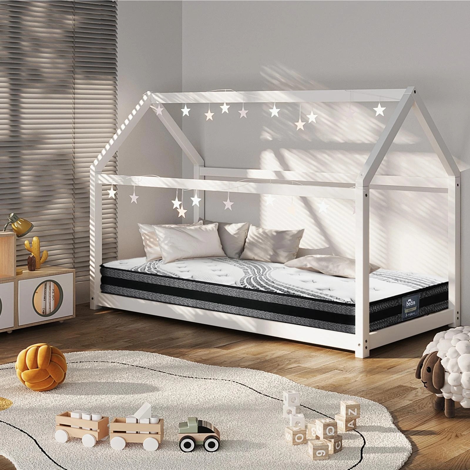 3 Oikiture Kids Bed Frame With Single Mattress Set House Style White
 - White, 3 of 10