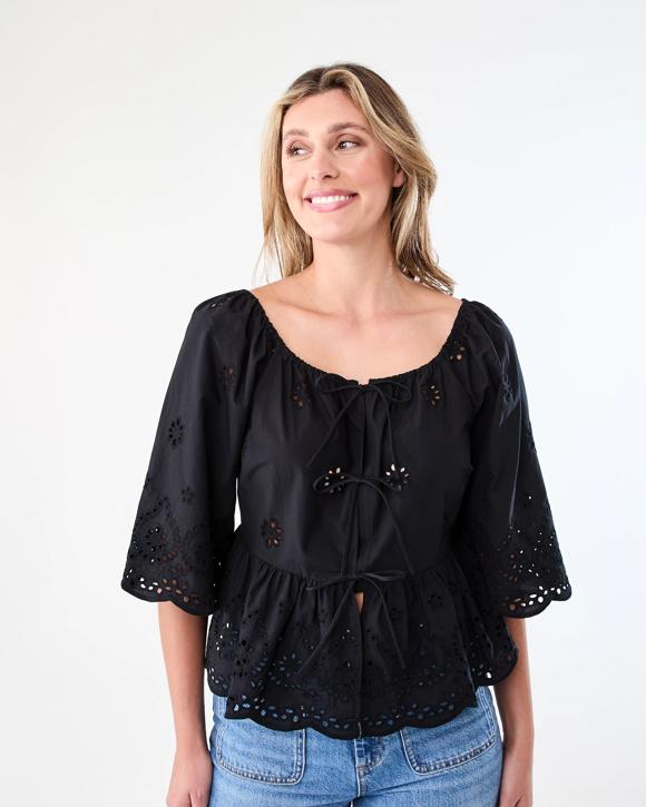 Long Sleeve Broderie Tie Top