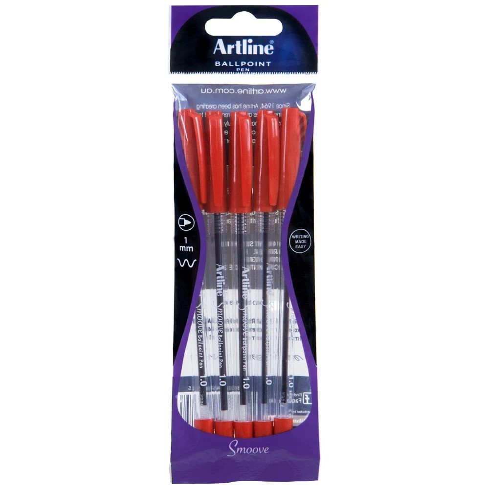 1 Artline Smoove Ballpoint Pens Red 5 Pack, 1 of 2