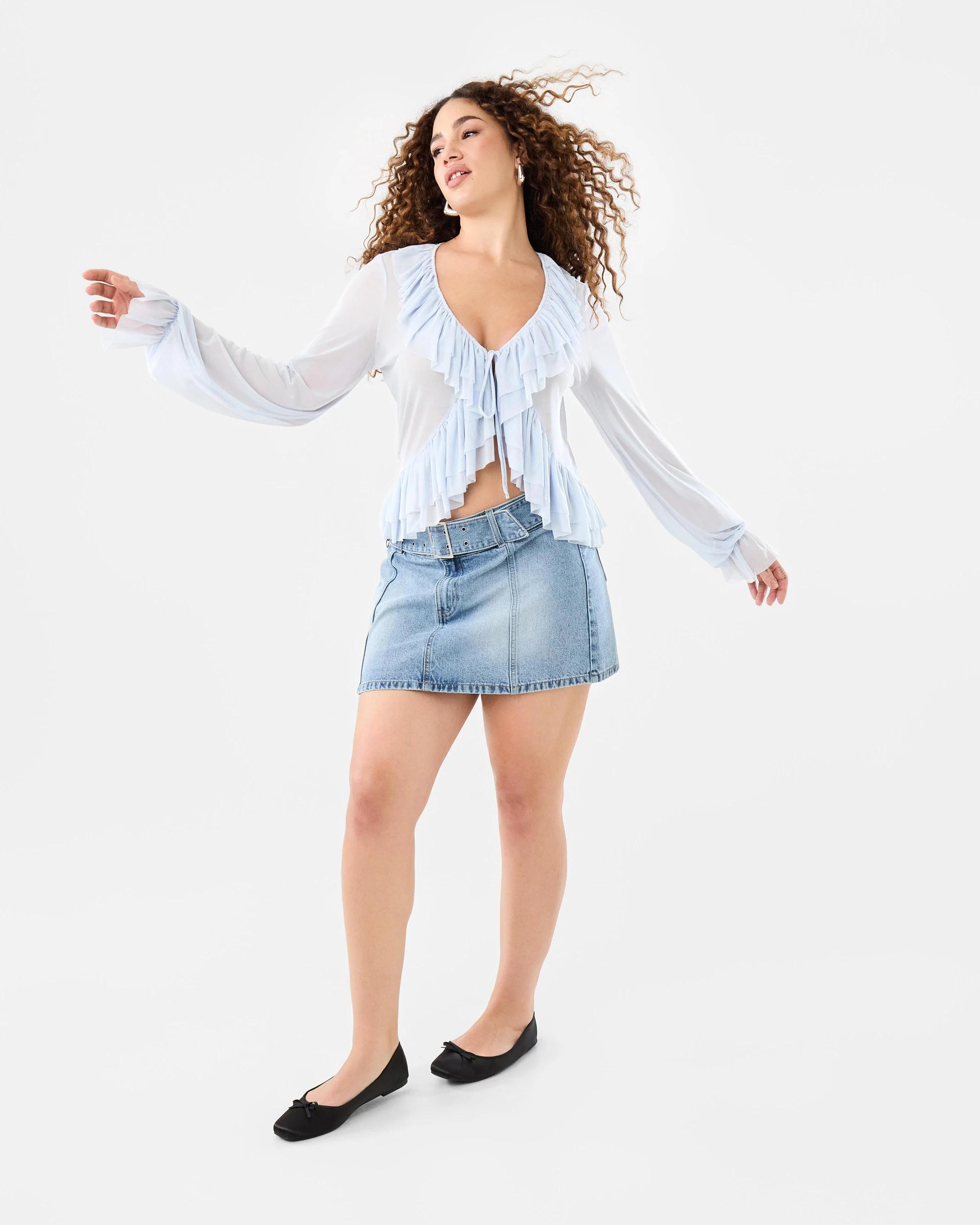 2 Long Sleeve Ruffle Tie Top Powd Blue, 2 of 10