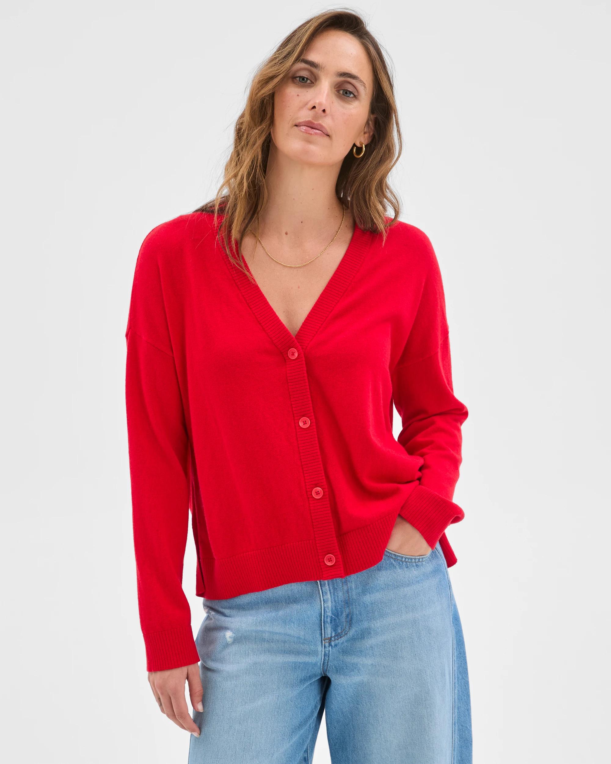 1 Target Woman Cotton Cashmere V-Neck Knit Cardigan TRUE RED, 1 of 6