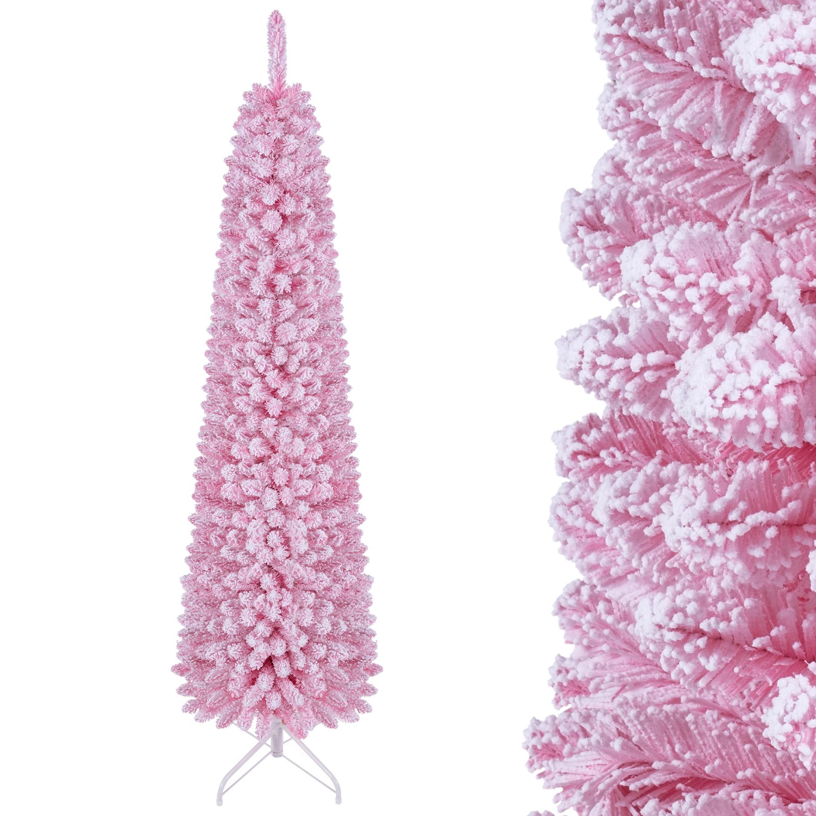 10 Costway 1.8M Pink Flocked Christmas Tree Artificial Pre-Lit Xmas Tree 8 Modes - Pink, 10 of 10