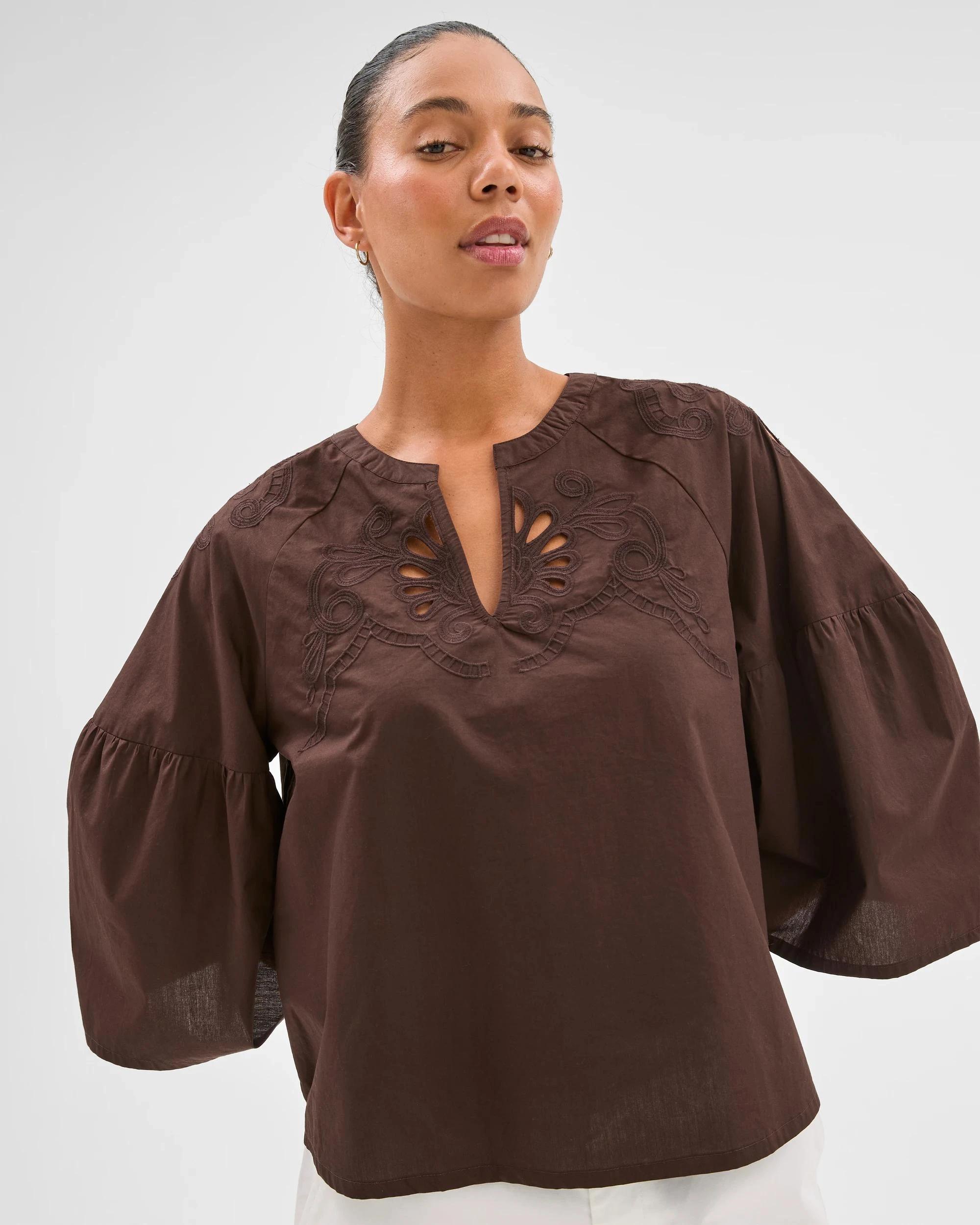 2 Target Australian Cotton 3/4 Sleeve Embroidered Cut-Out Blouse BRUNETTE, 2 of 6