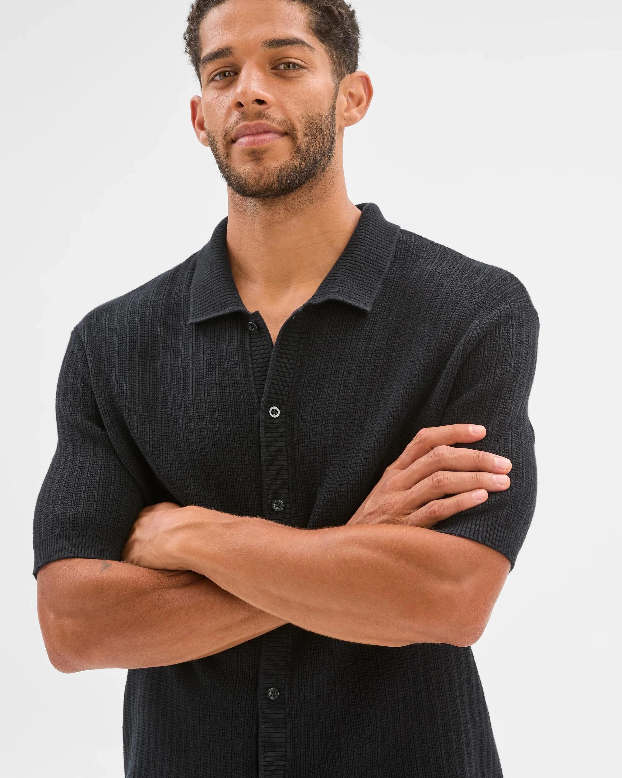 1 Australian Cotton Textured Stripe Knit Shirt - Preview BLACK, 1 of 6