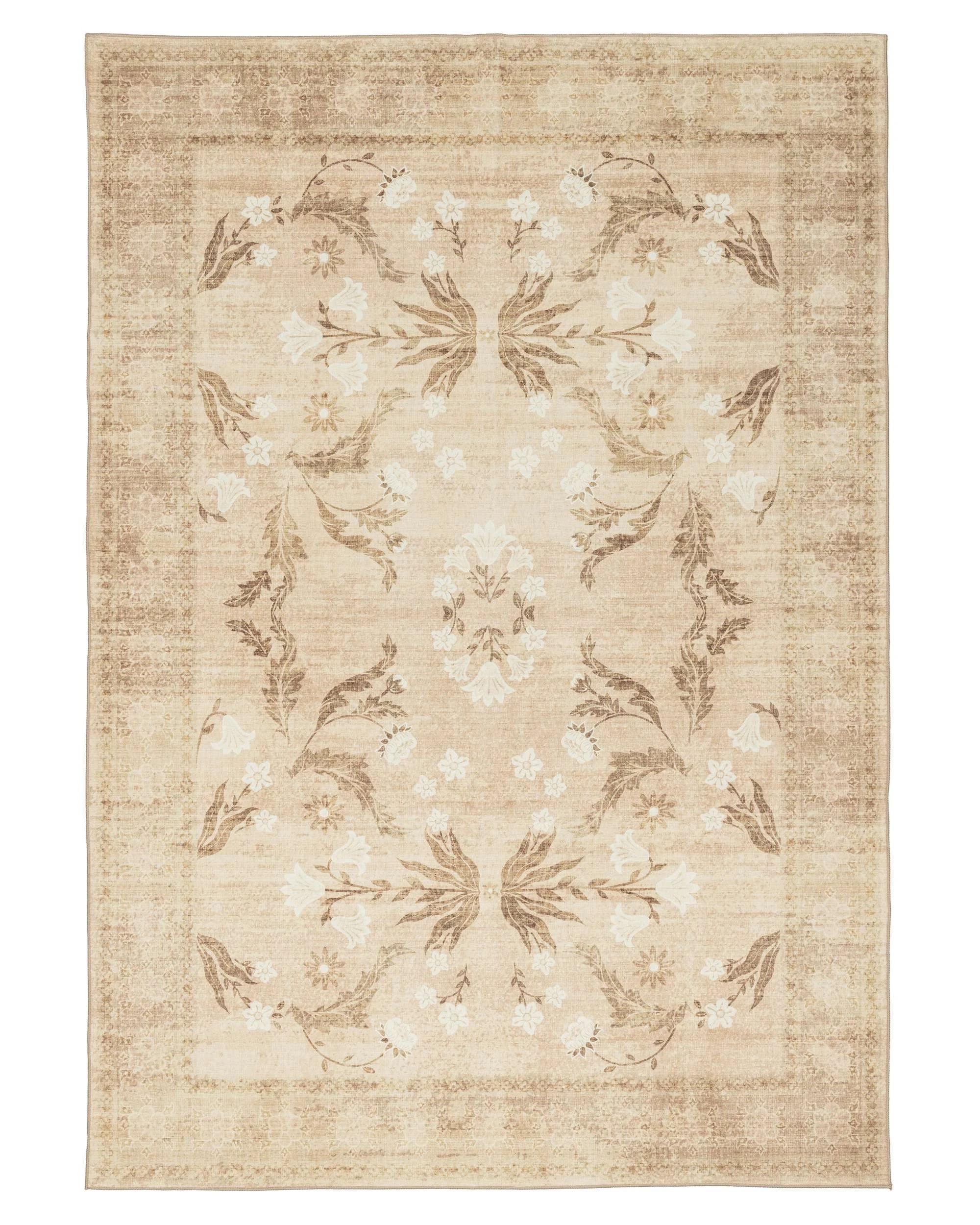 1 Loopsie Rosas Vintage Floral Washable Rug-370cm x 270cm - Beige, 1 of 8