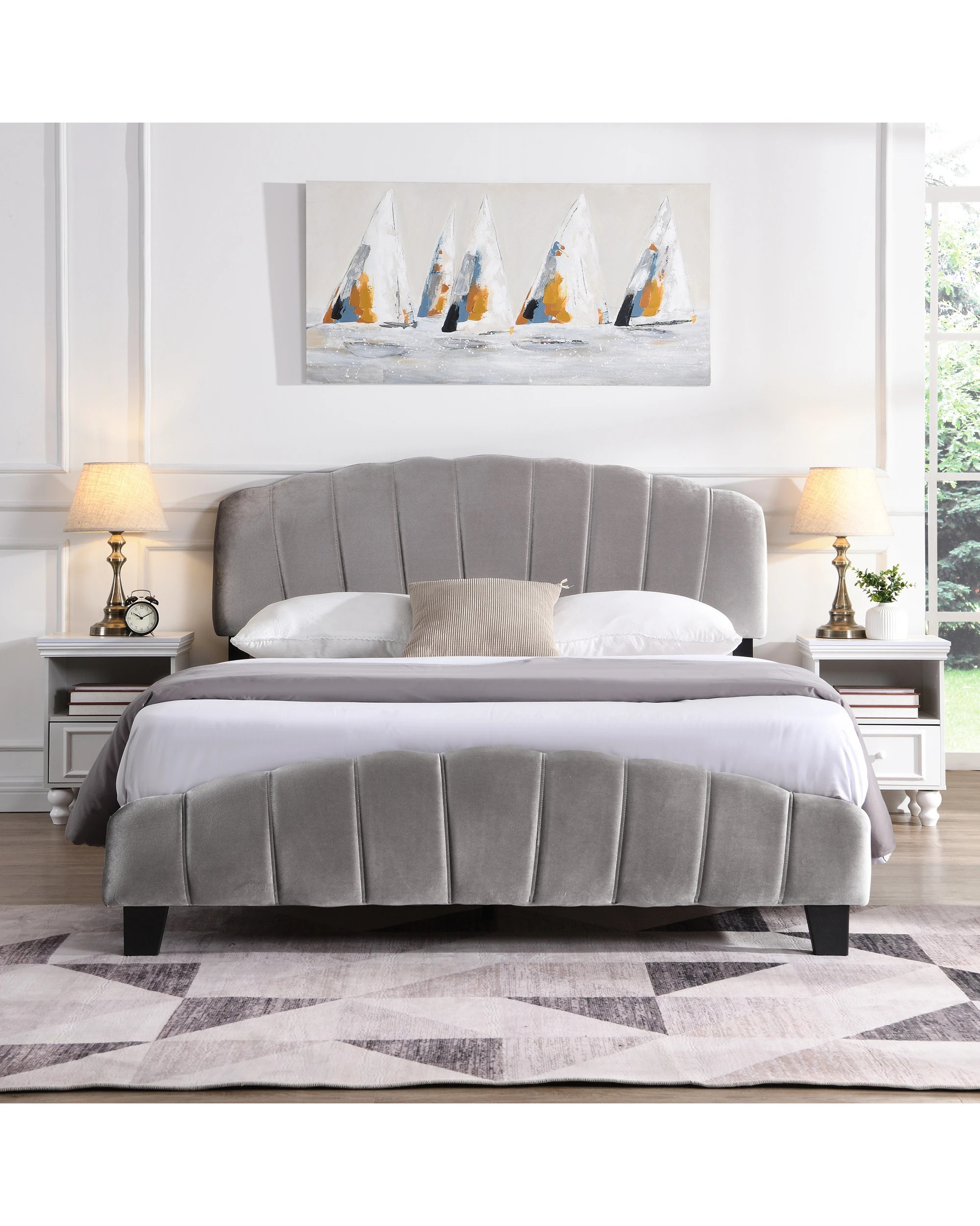 4 IHOMDEC BEF04 Double Size Velvet Shell Headboard Bed Frame Base, 4 of 5