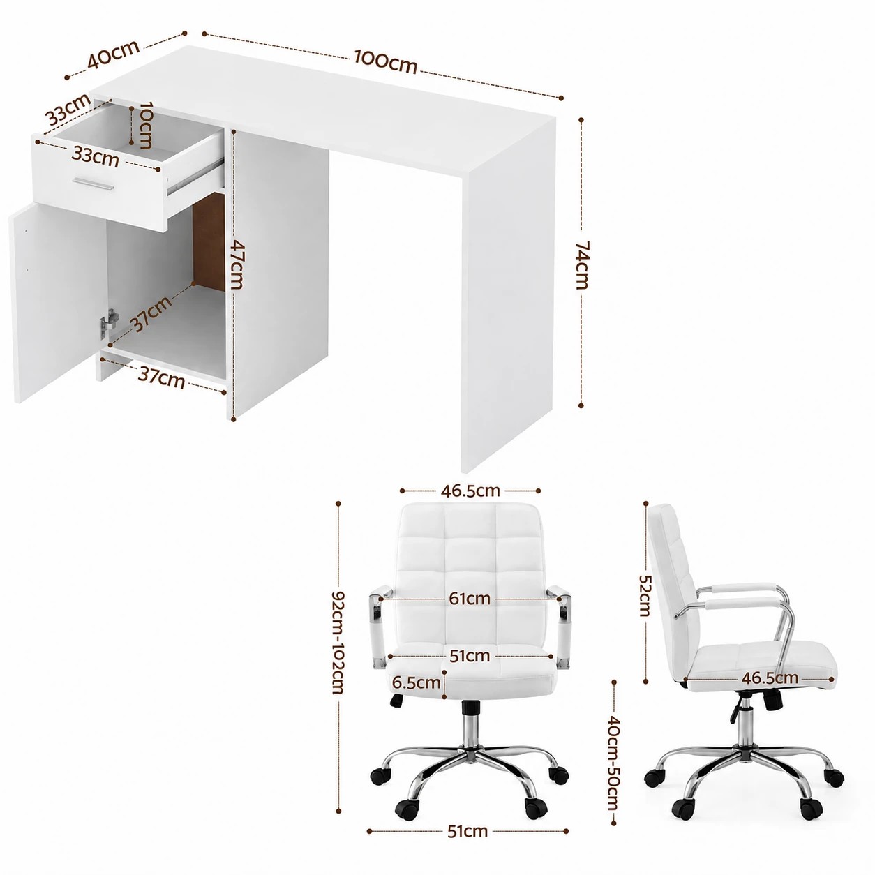 2 Artiss Office Desk and Chair Set 100cm Computer Desk PU Leather Office Chair Home Office Study - White, 2 of 9