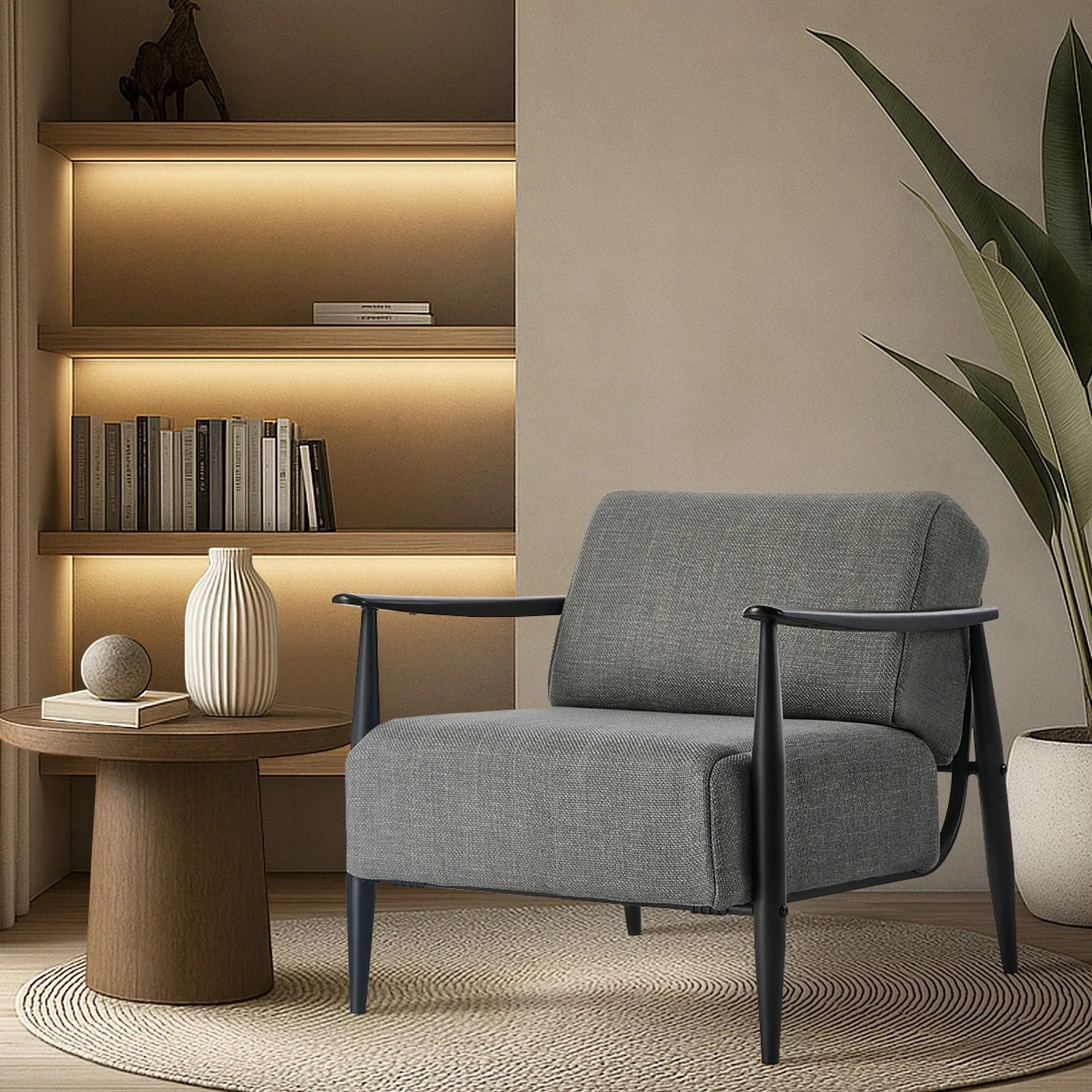 3 Oikiture 2x Wooden Armchair Lounge Sofa Chair Fabric Accent Armchairs - Grey, 3 of 8