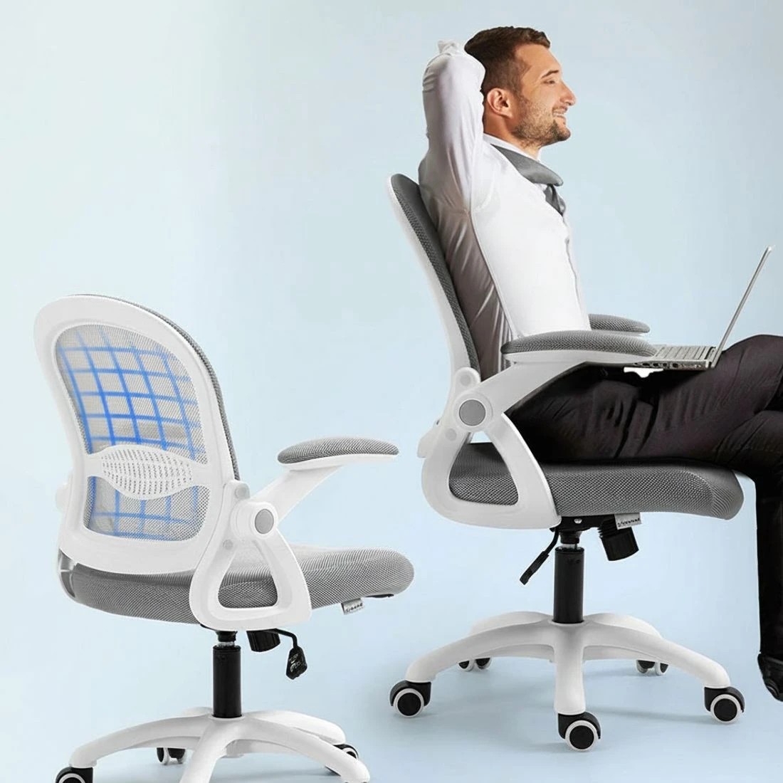 5 Artiss 2x Mesh Office Chair w/ Flip Up Arms Computer Desk Chair Mid Back - Grey, 5 of 6