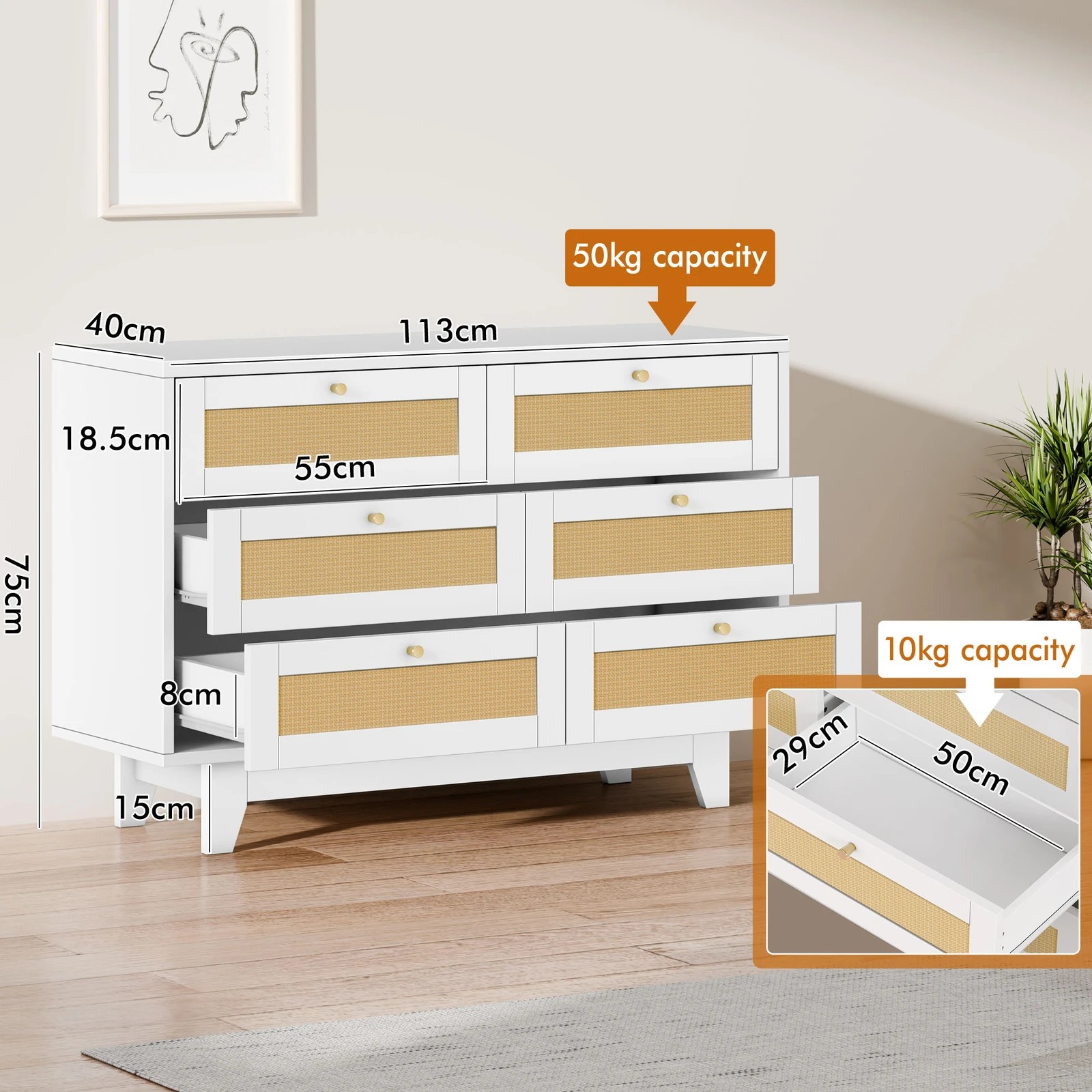 3 Alfordson 6 Chest of Drawers Rattan Storage Cabinet Dresser Tallboy - White, 3 of 10