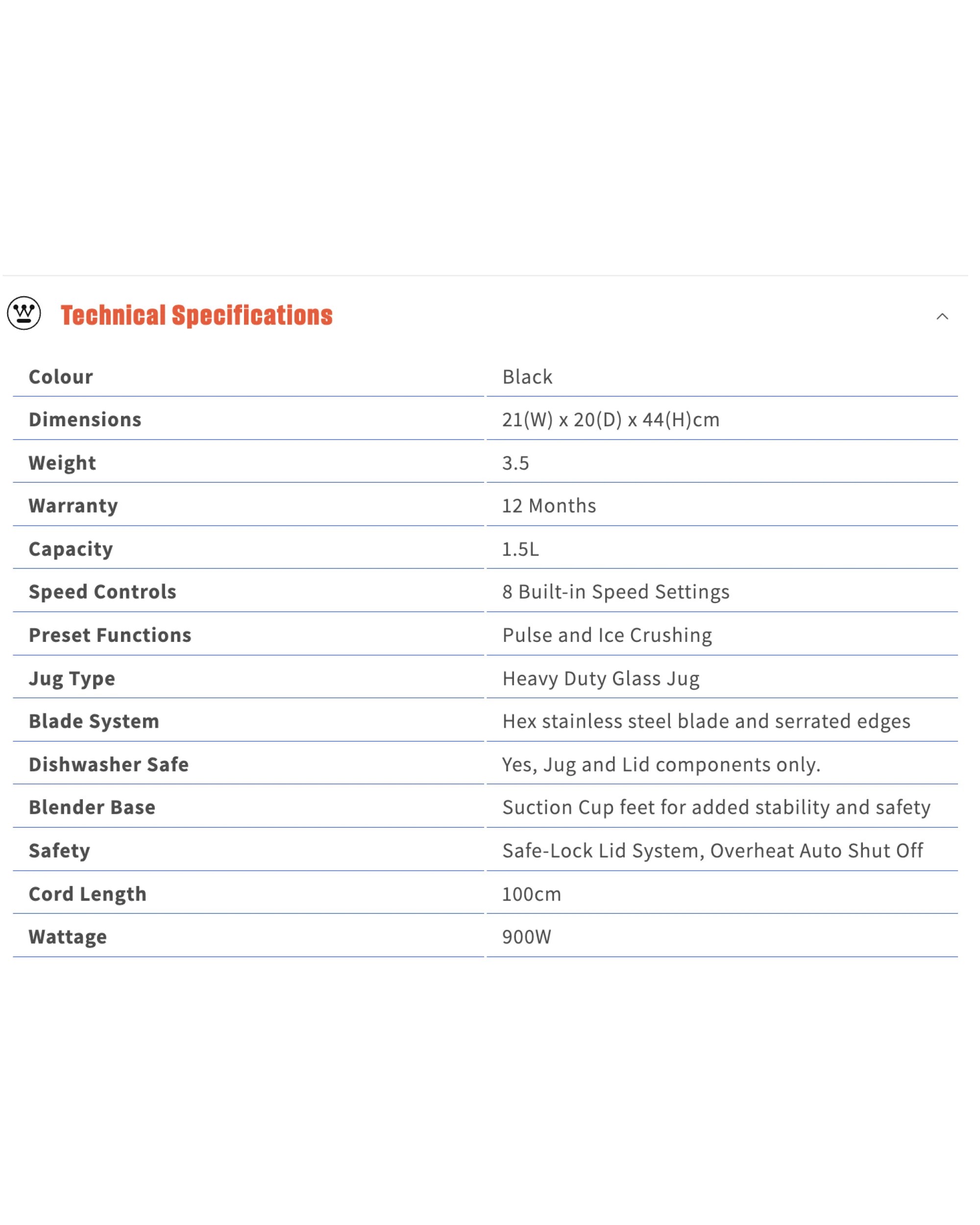 9 Westinghouse Digital Display Glass Jug Blender with 1.5L Capacity and Hex Blade, 9 of 9