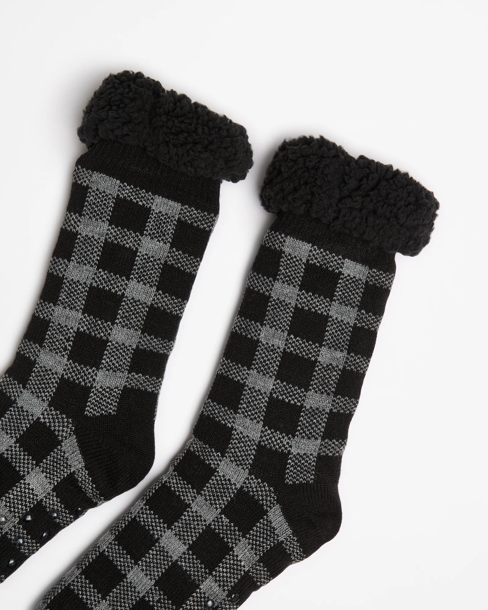 2 Sherpa Lined Crew Home Socks - Maxx BLACK CHECK, 2 of 3