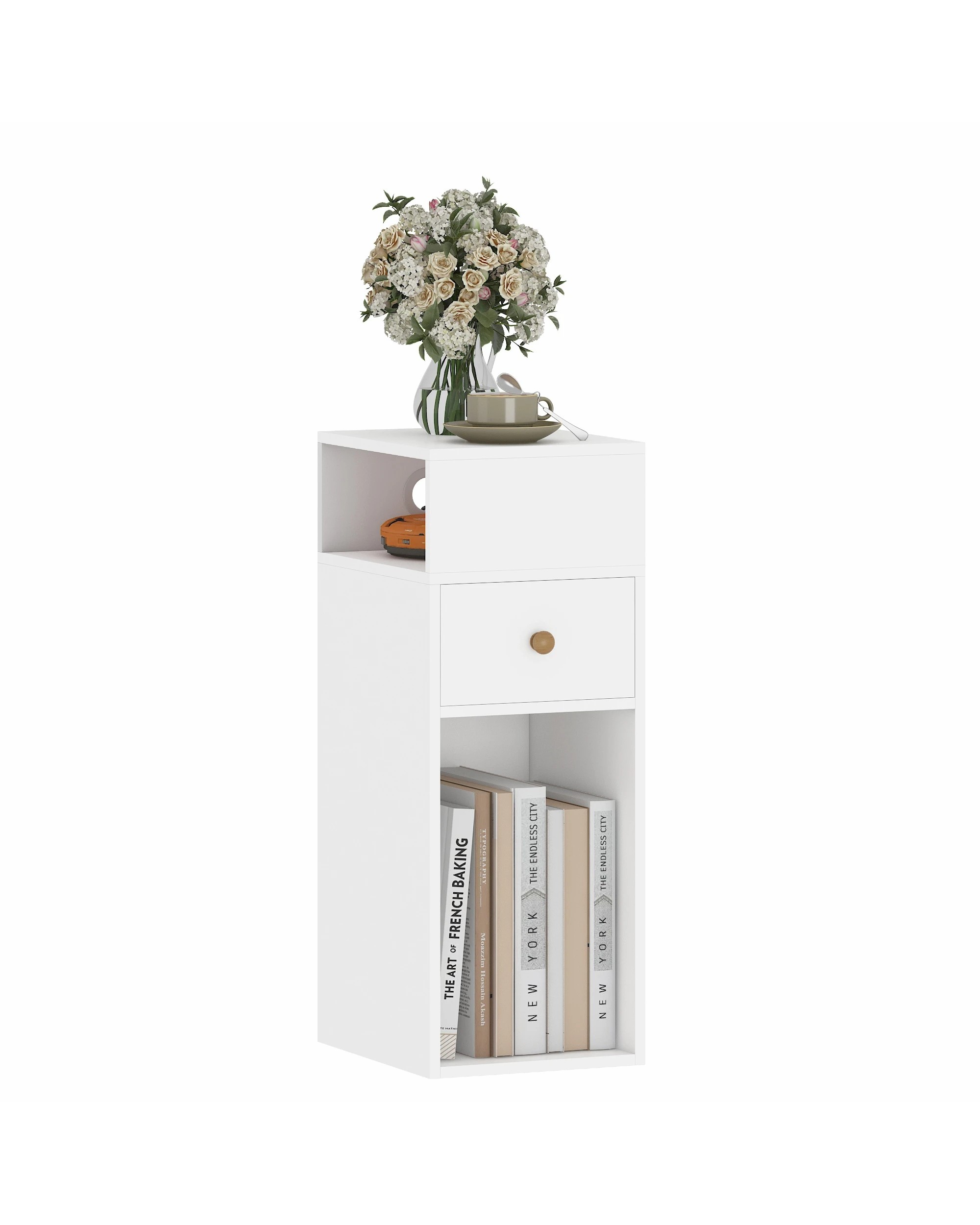 5 Ufurniture 2PCS Wooden Side Table w/ Cable Port Narrow End Table Drawer & Shelf - White, 5 of 7