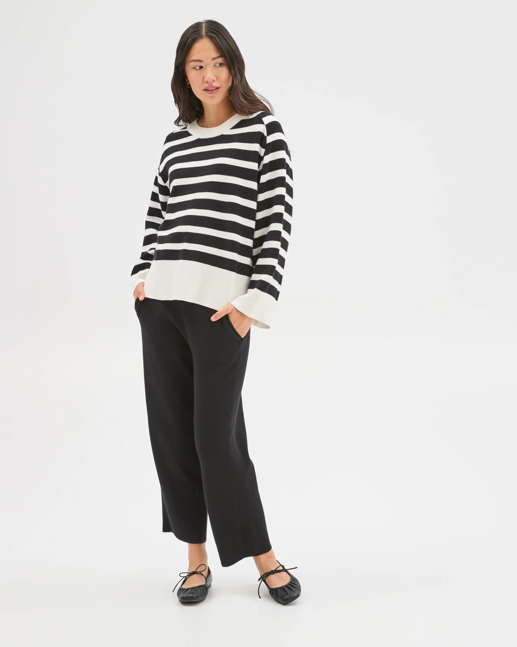 1 Target Woman Clean Knit Crew Neck Jumper CLOUD DANCER/BLACK STRIPE, 1 of 6