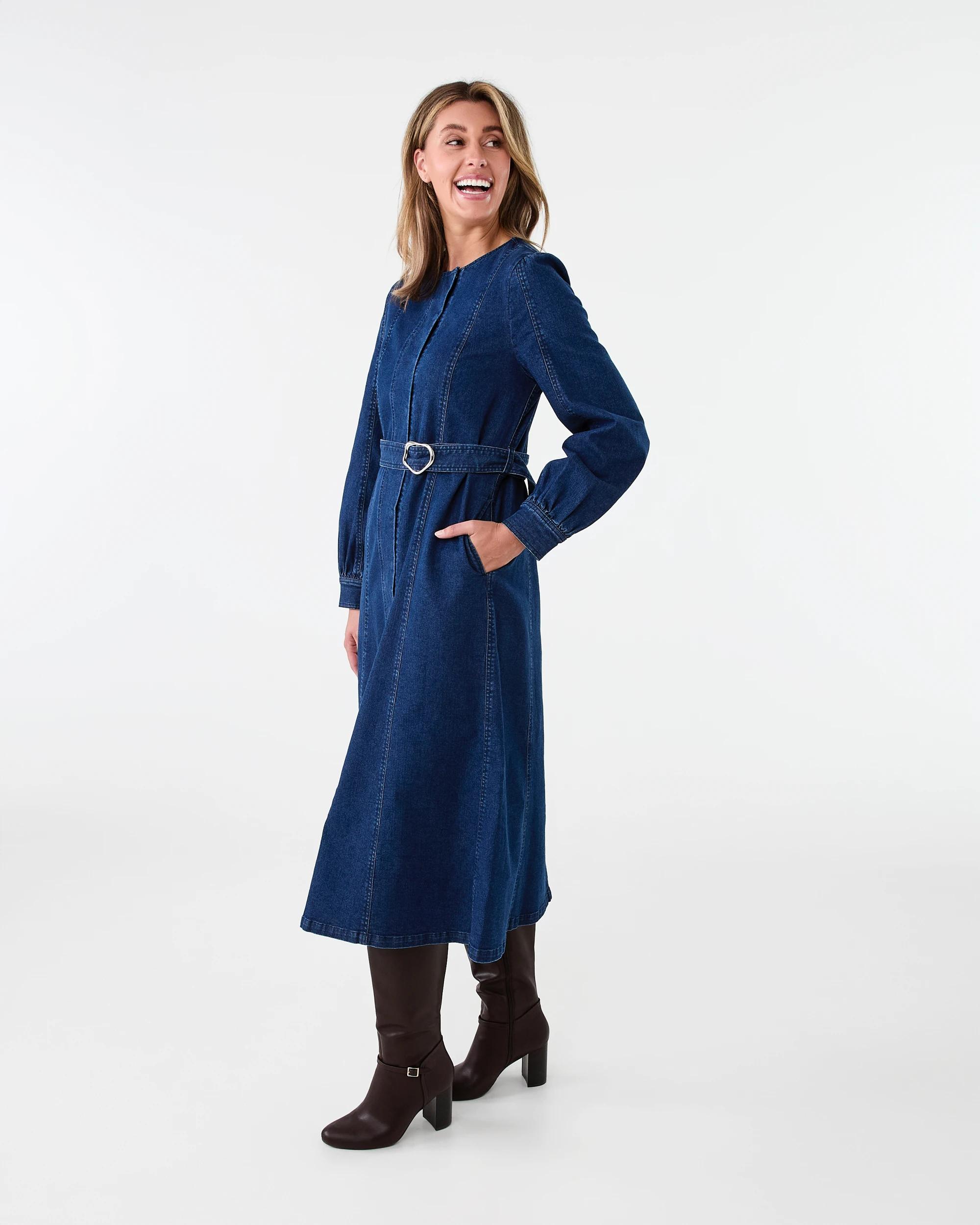 2 Long Sleeve Denim Belted Midi Dress Indigo Wsh, 2 of 7