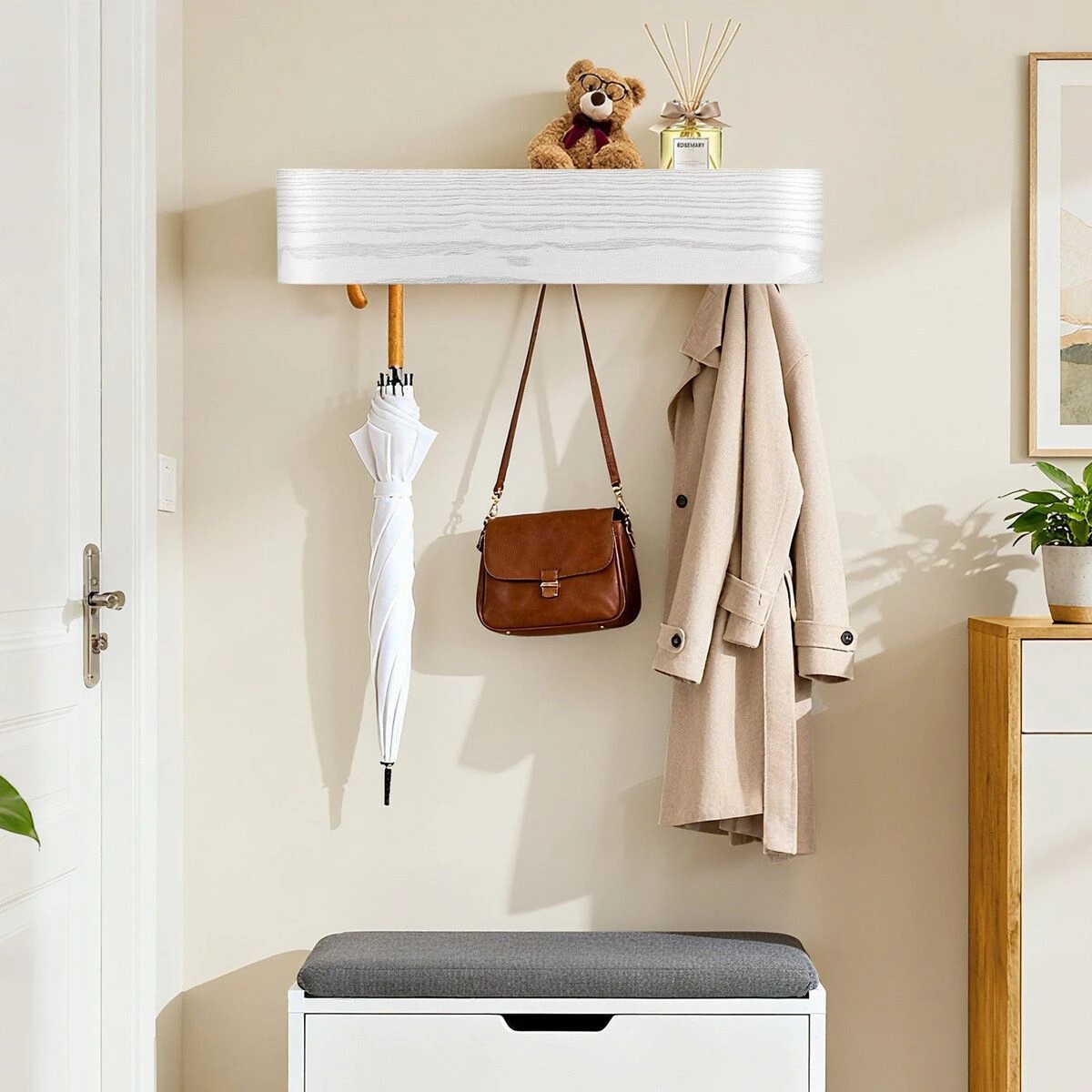 2 Ausway Wall Mounted Coat Rack 5 Hooks Clothes Hanger Hat Jacket Towel Key Holder Organiser Wooden Storage Shelf Hallway, 2 of 9