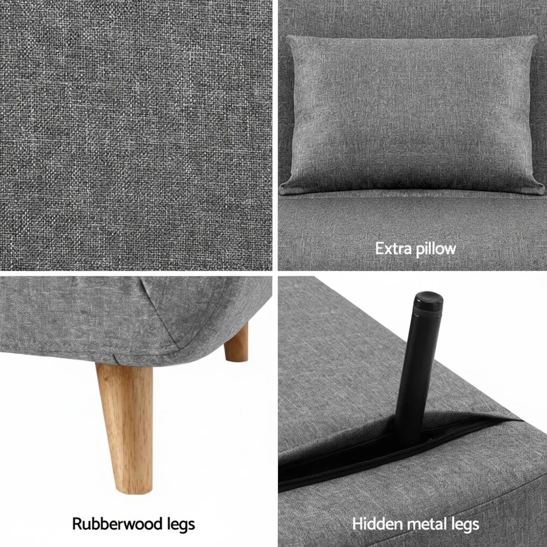 5 Artiss Sofa Bed Convertible Couch Recliner Lounge Chair Linen - Grey, 5 of 6