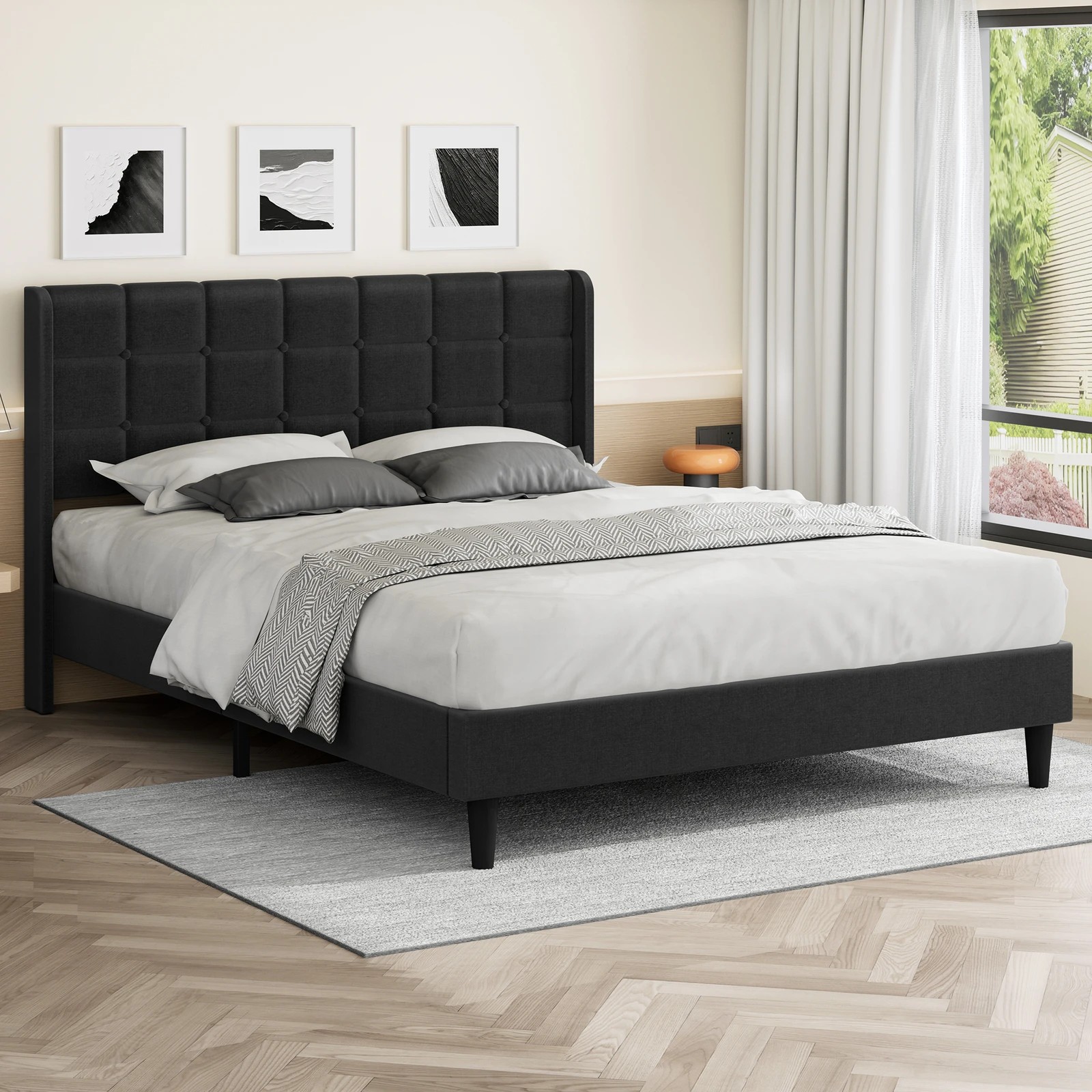 2 Alfordson Bed Frame King Size Upholstered Wingback Base Fabric Sarah - Charcoal, 2 of 10