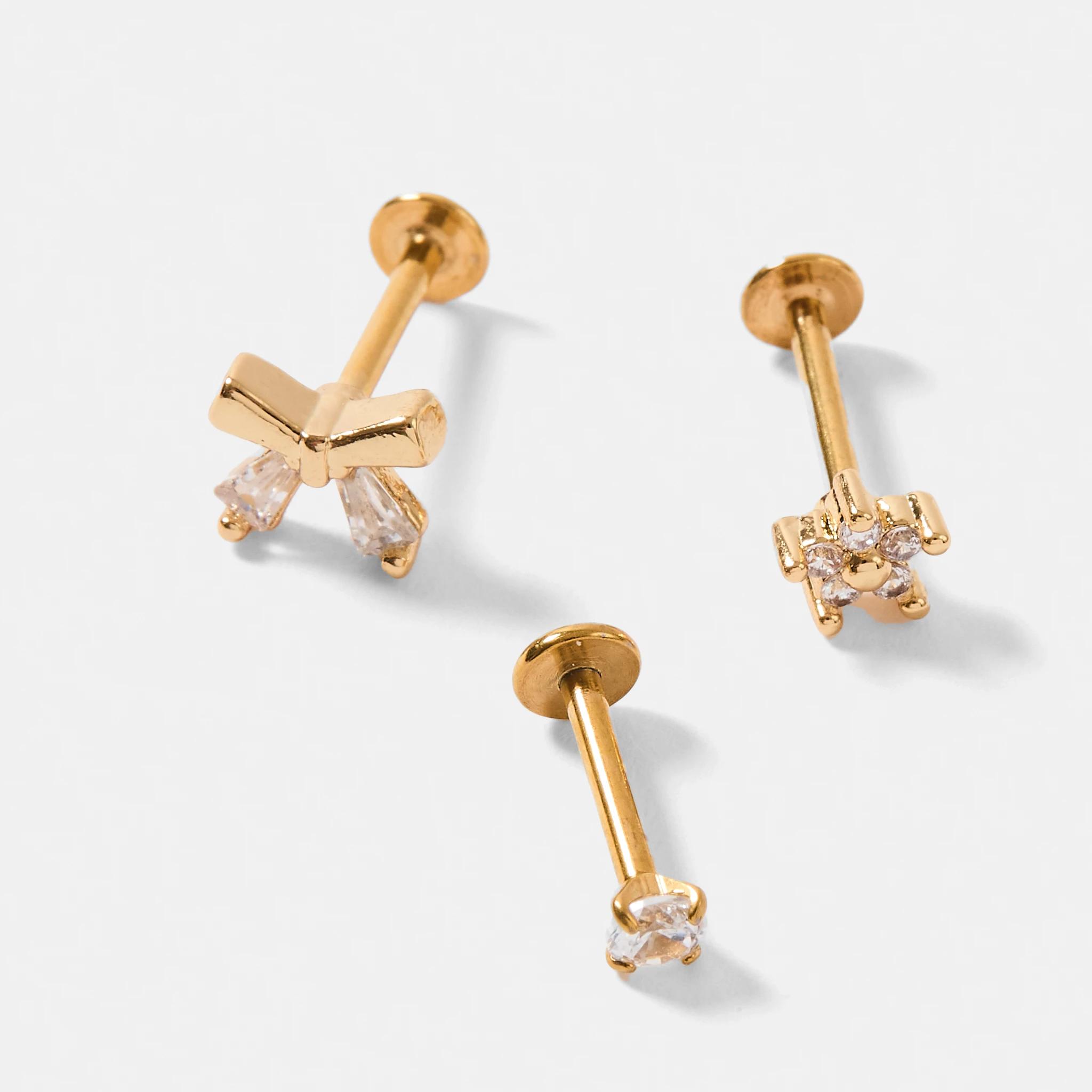 2 3 Pack Cubic Zirconia Bow Ear Piercing Studs - Gold Tone GOLD, 2 of 4