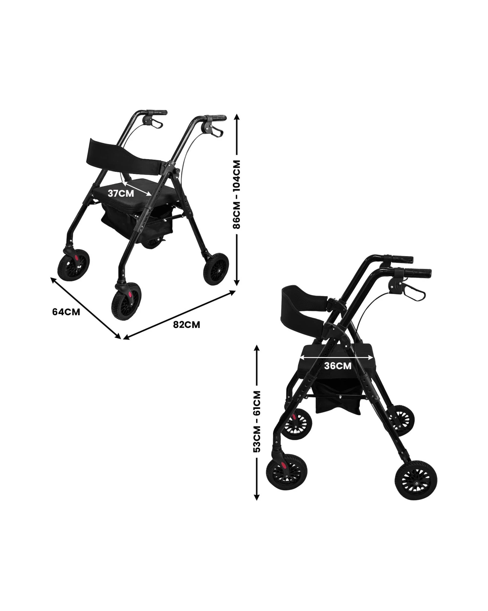 4 Orthonica Foldable Steel Rollator Walker - Adjustable Seat and Armrests, 136kg Capacity - Black, 4 of 6