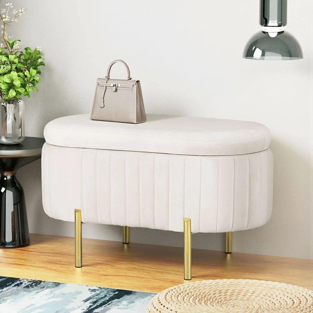 6 Artiss Storage Ottoman Blanket Box 87cm Velvet Oval - White, 6 of 6