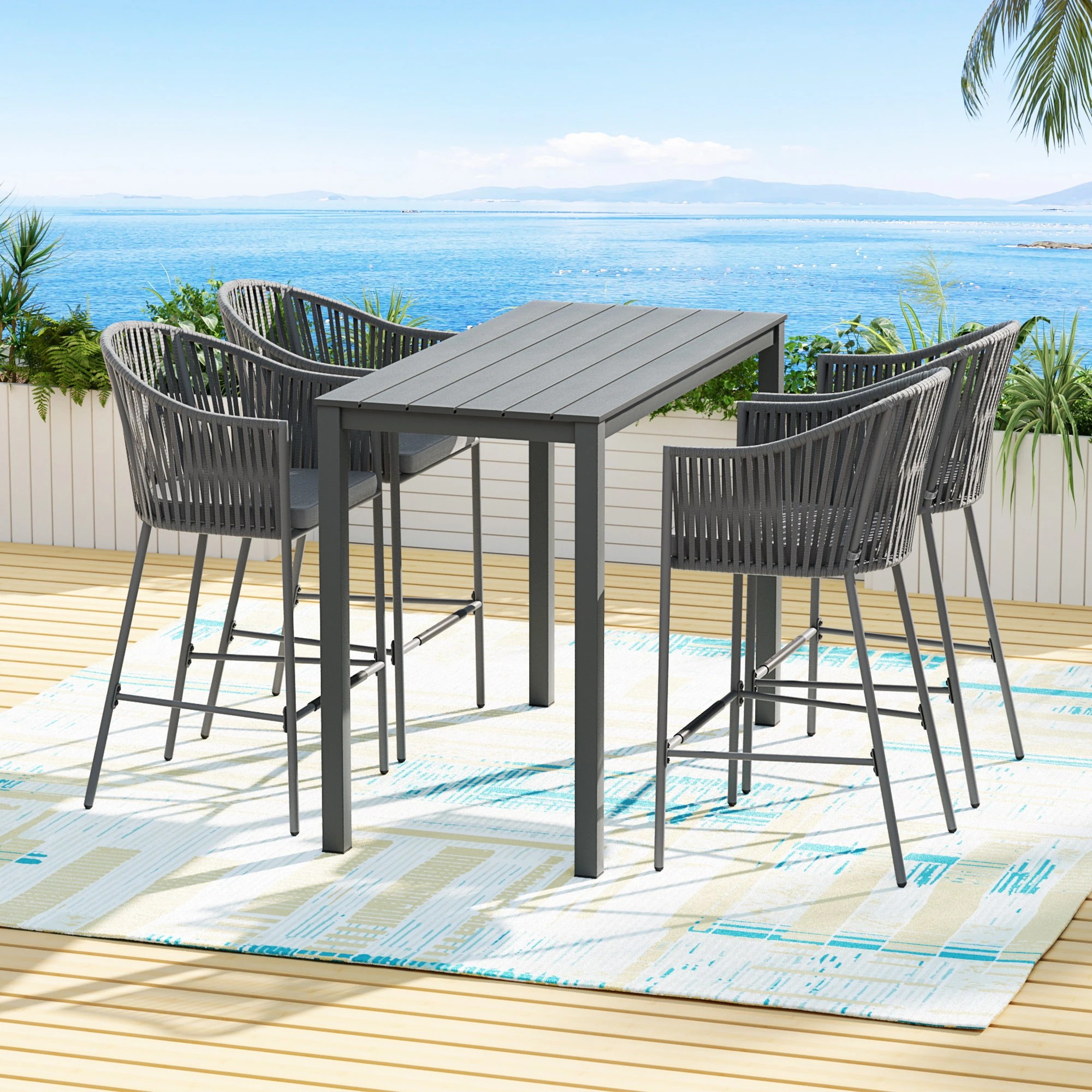 4 Gardeon 5-Piece Outdoor Bar Set Dining Table Rope Chair Patio Bistro - Grey, 4 of 4