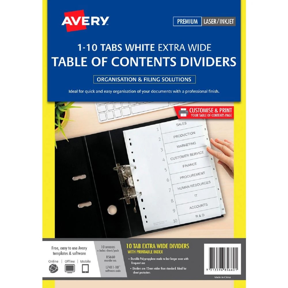 1 Avery A4 Extra Wide Polypropylene Divider 1-10 Tab White, 1 of 1