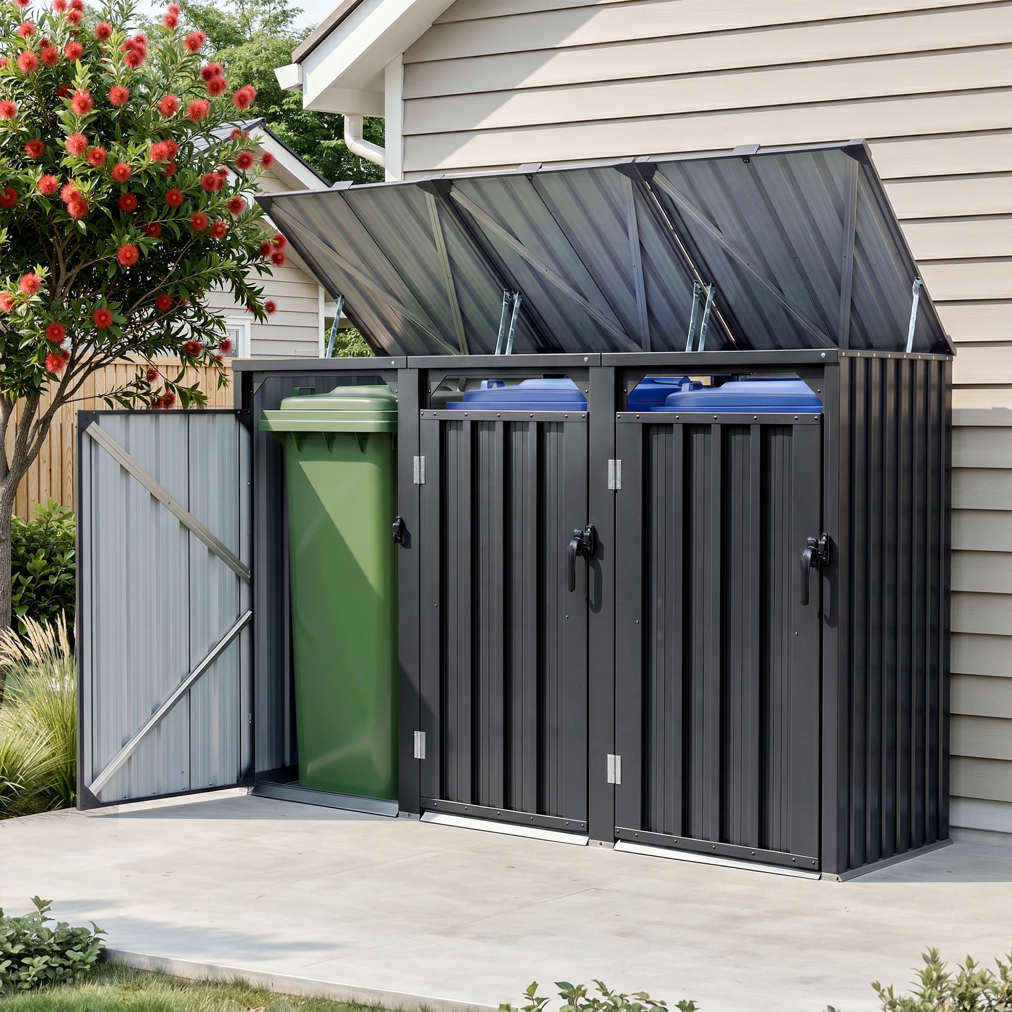 5 Giantz Bin Shed Triple Wheelie Waste Bins Storage Steel Garden Enclosure - Black, 5 of 8