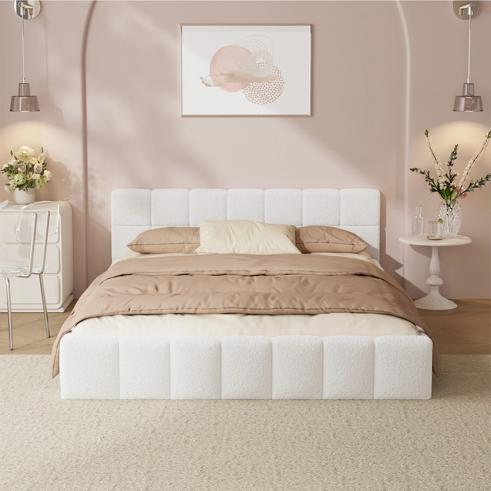 4 Oikiture Bed Frame Double Size Tufted Headboard Boucle - White, 4 of 7