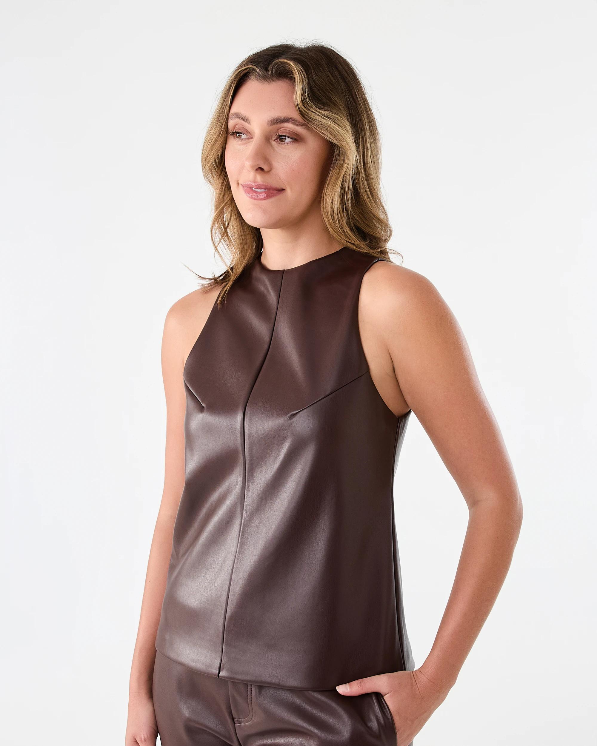 2 Sleeveless Faux Leather Top Choc Plum, 2 of 7