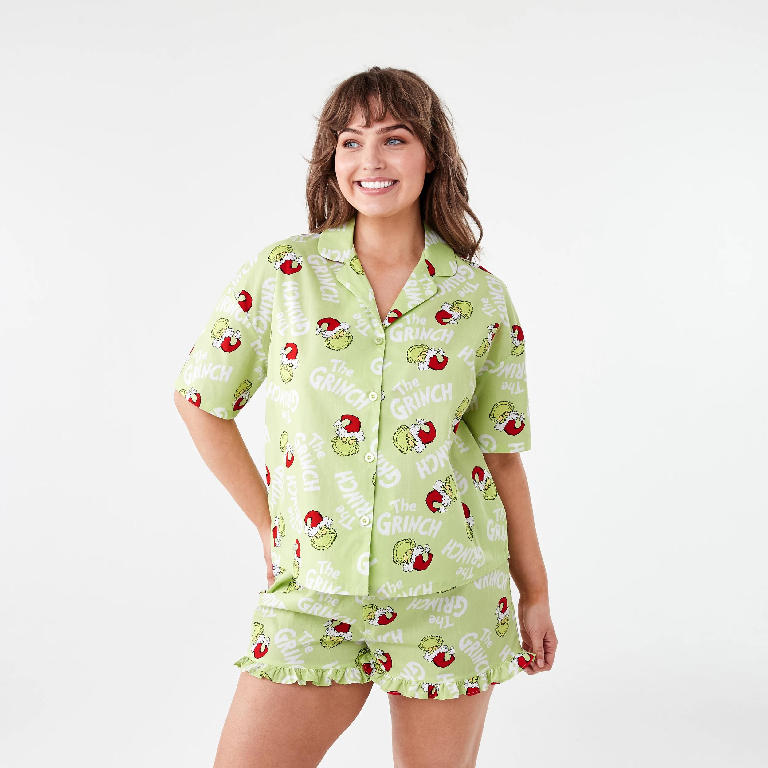 1 The Grinch License Christmas Frill Woven Boxy Family Matching Pyjama Set XMAS FAMILY GRINCH LETTUCE GREEN, 1 of 8