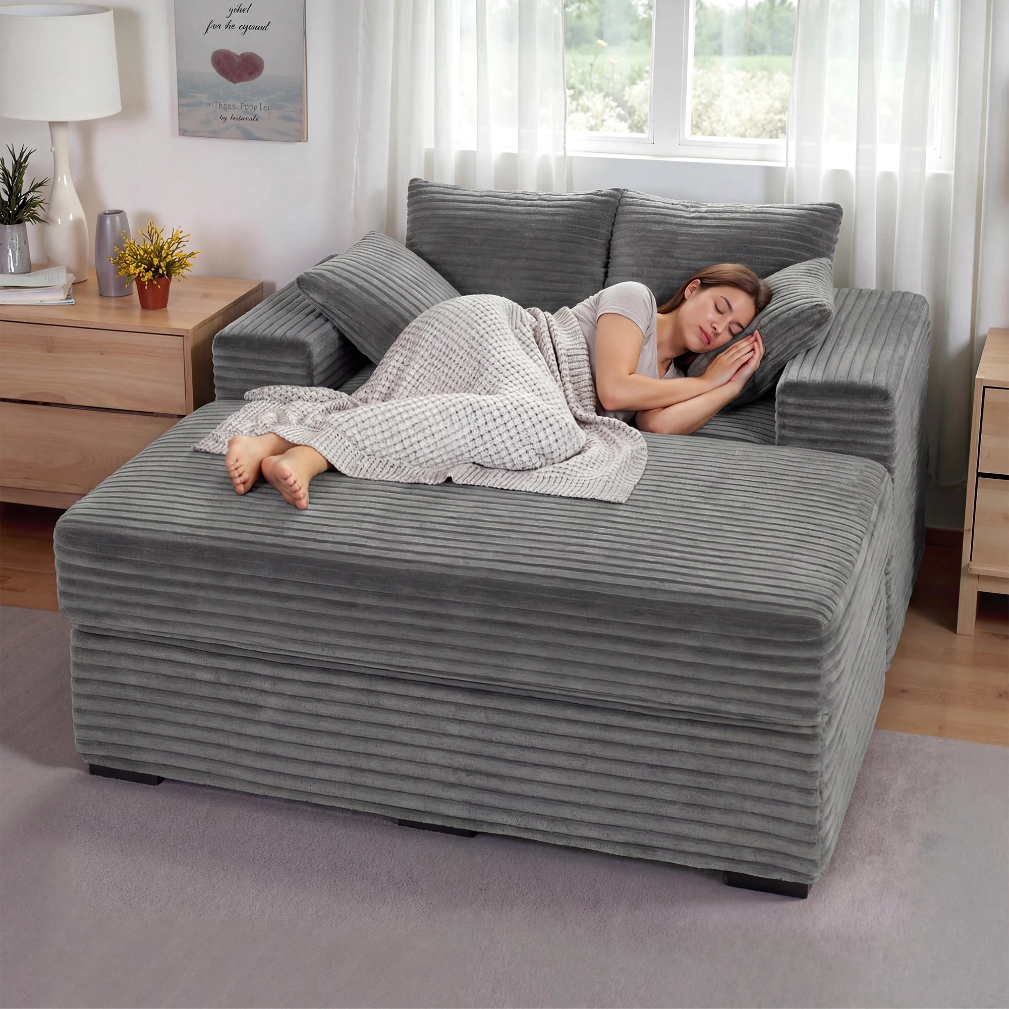 7 Advwin 146cm Chaise Lounge Chair with Storage Ottoman Fluffy Upholstered Sofa Bed - Grey, 7 of 10